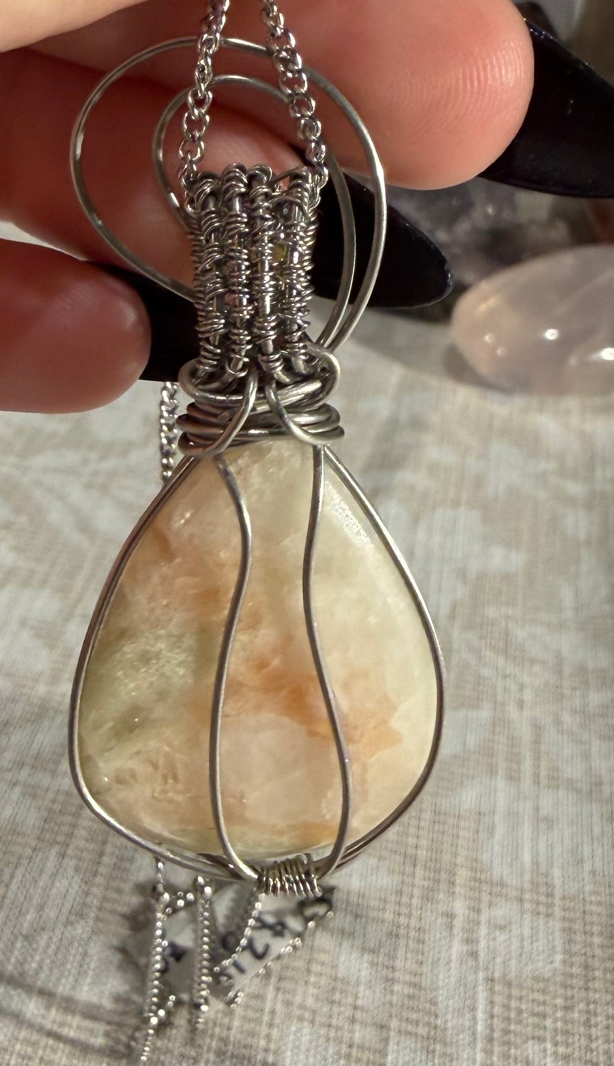 Green Apophylite w/ Peach Stilbite & Peridot stainless steel wire-wrapped pendant