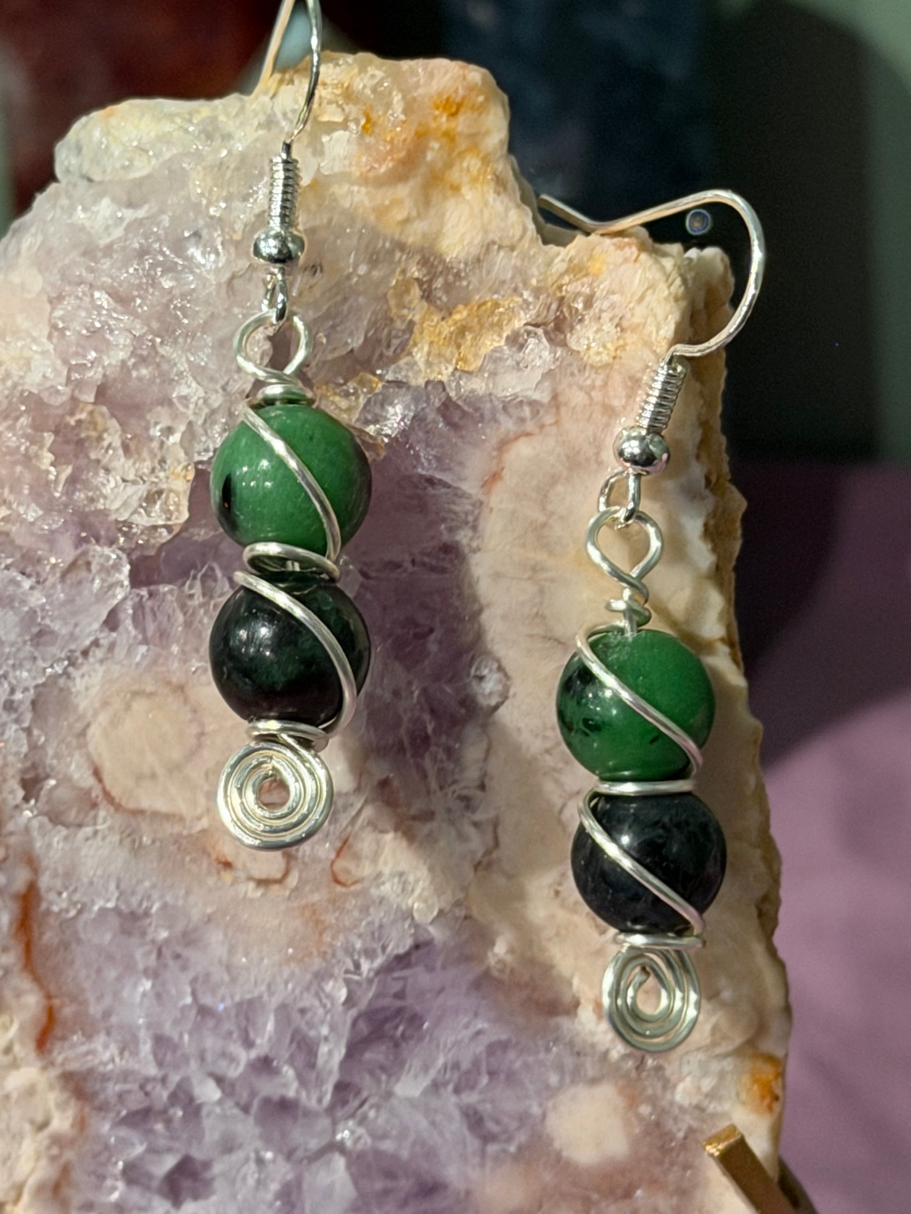 Double Zoisite silver-tone copper wire-wrapped earrings