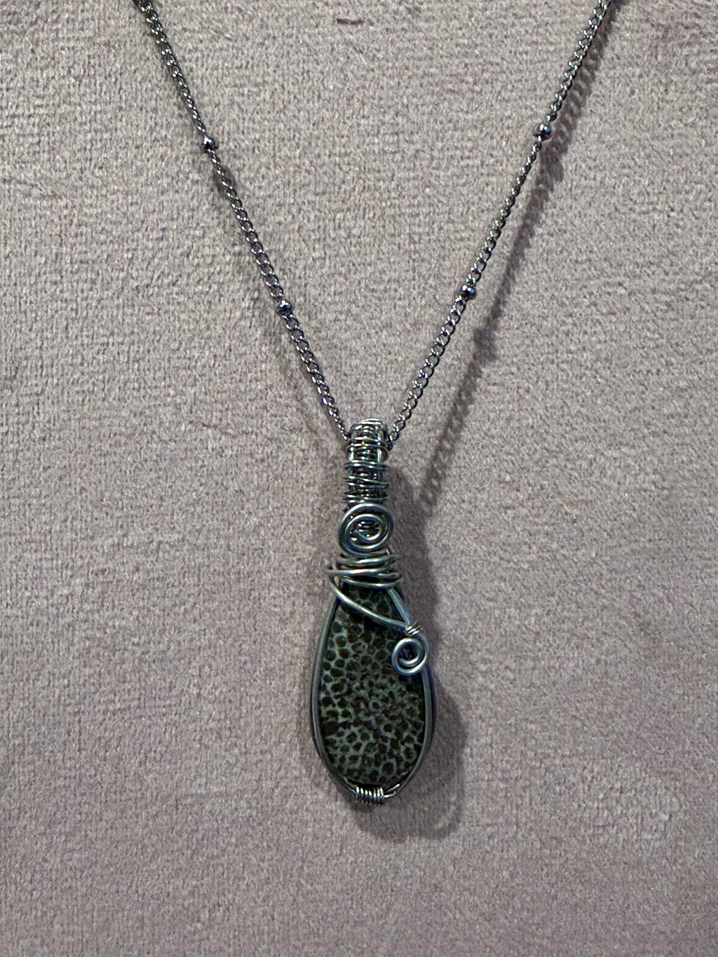 Black Fossilized Coral stainless-steel wire-wrapped pendant