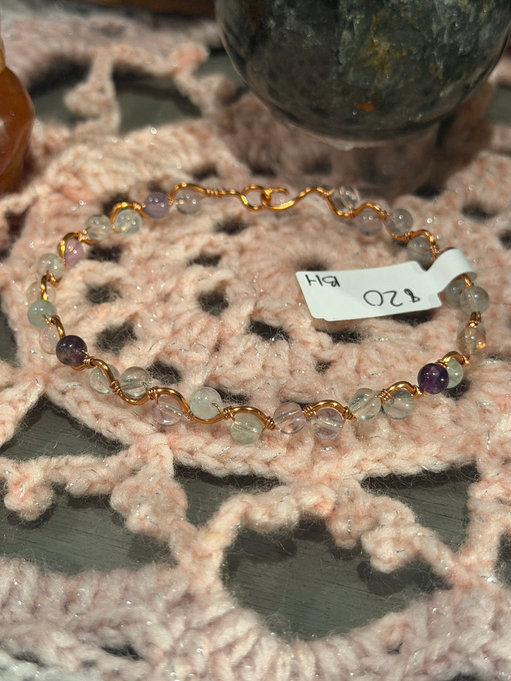 Fluorite 6-inch copper wire-wrapped bracelet