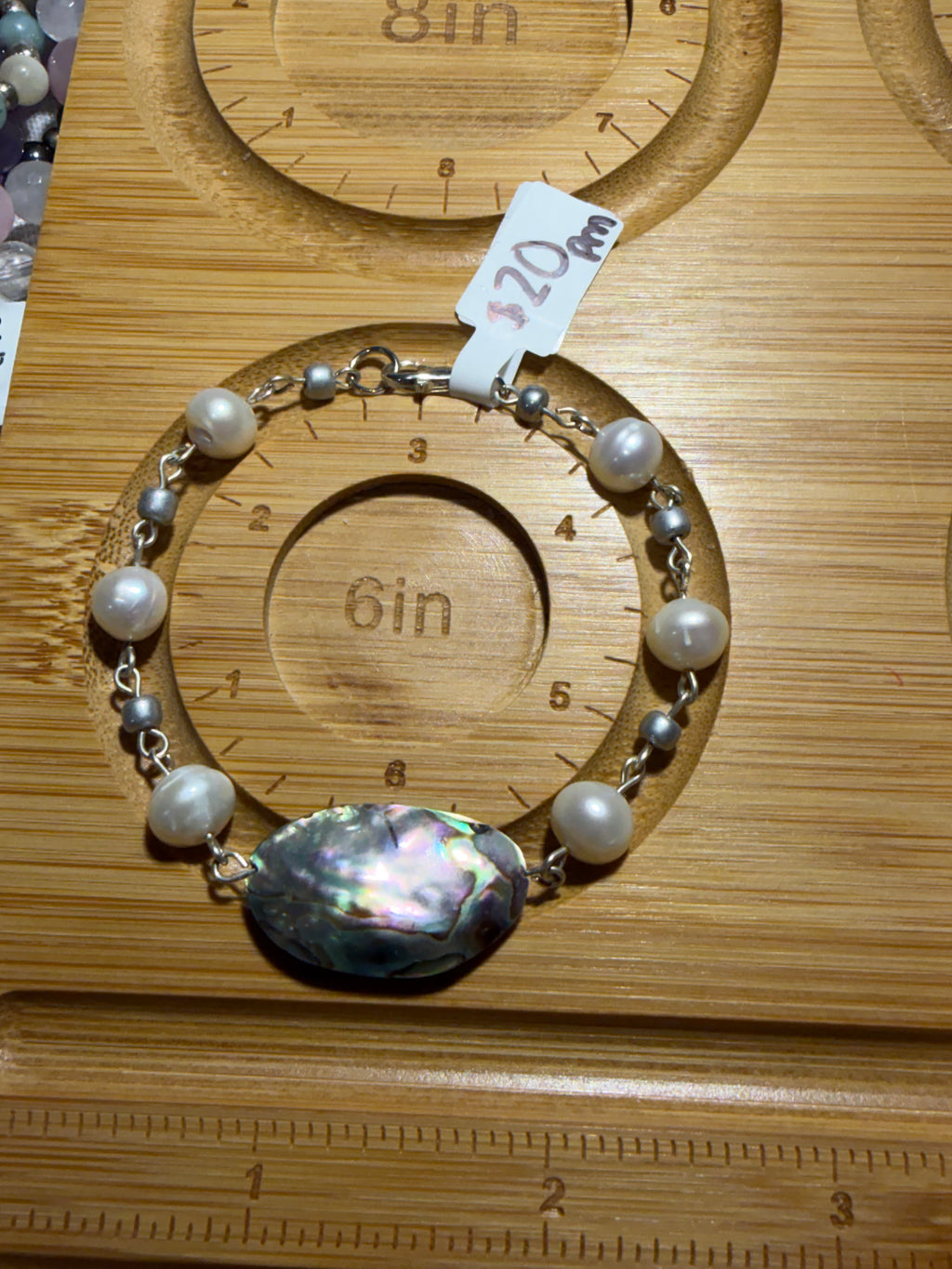 Abalone Shell & Freshwater Pearl 6 inch silver-tone bracelet