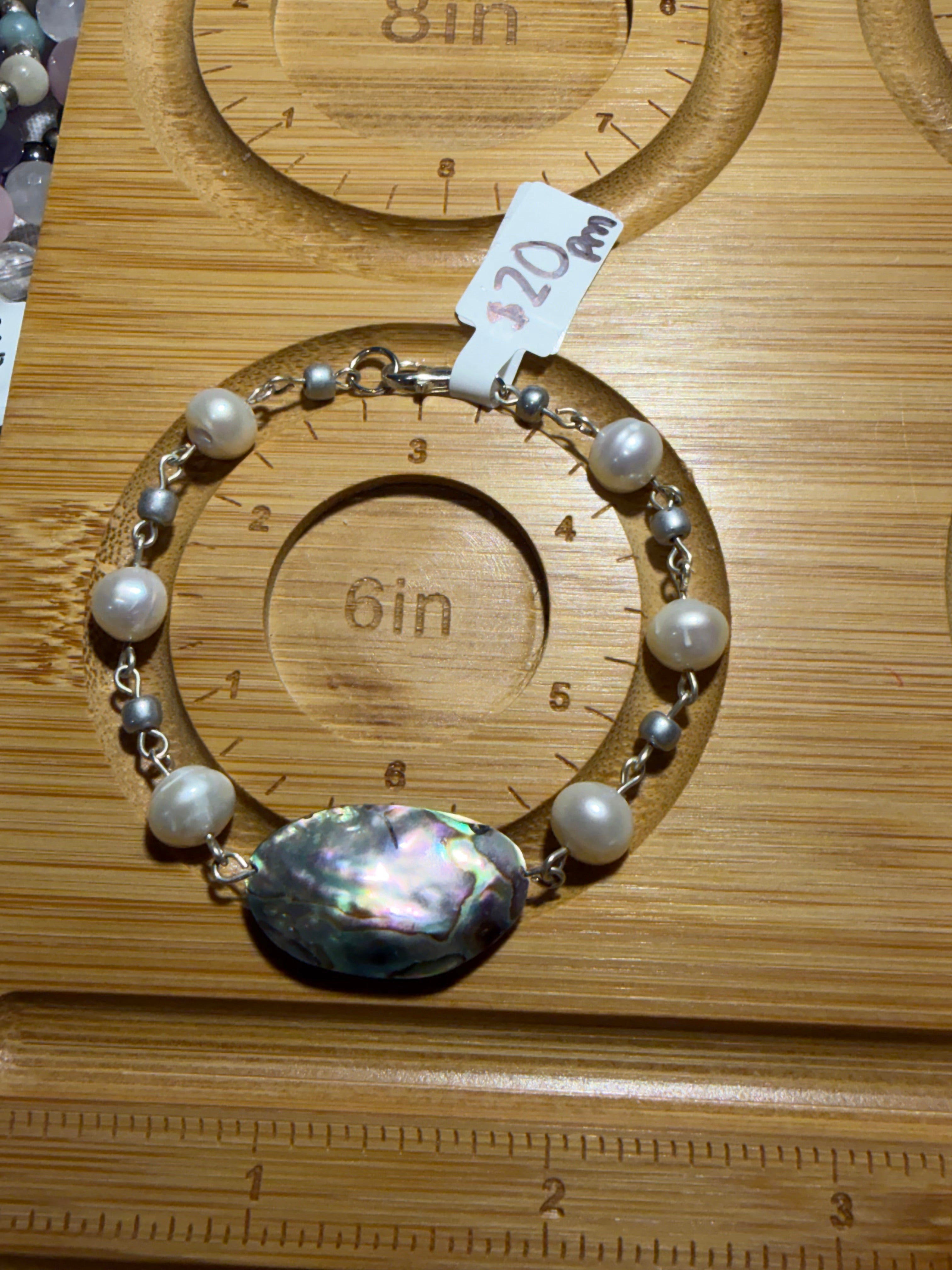 Abalone Shell & Freshwater Pearl 6 inch silver-tone bracelet