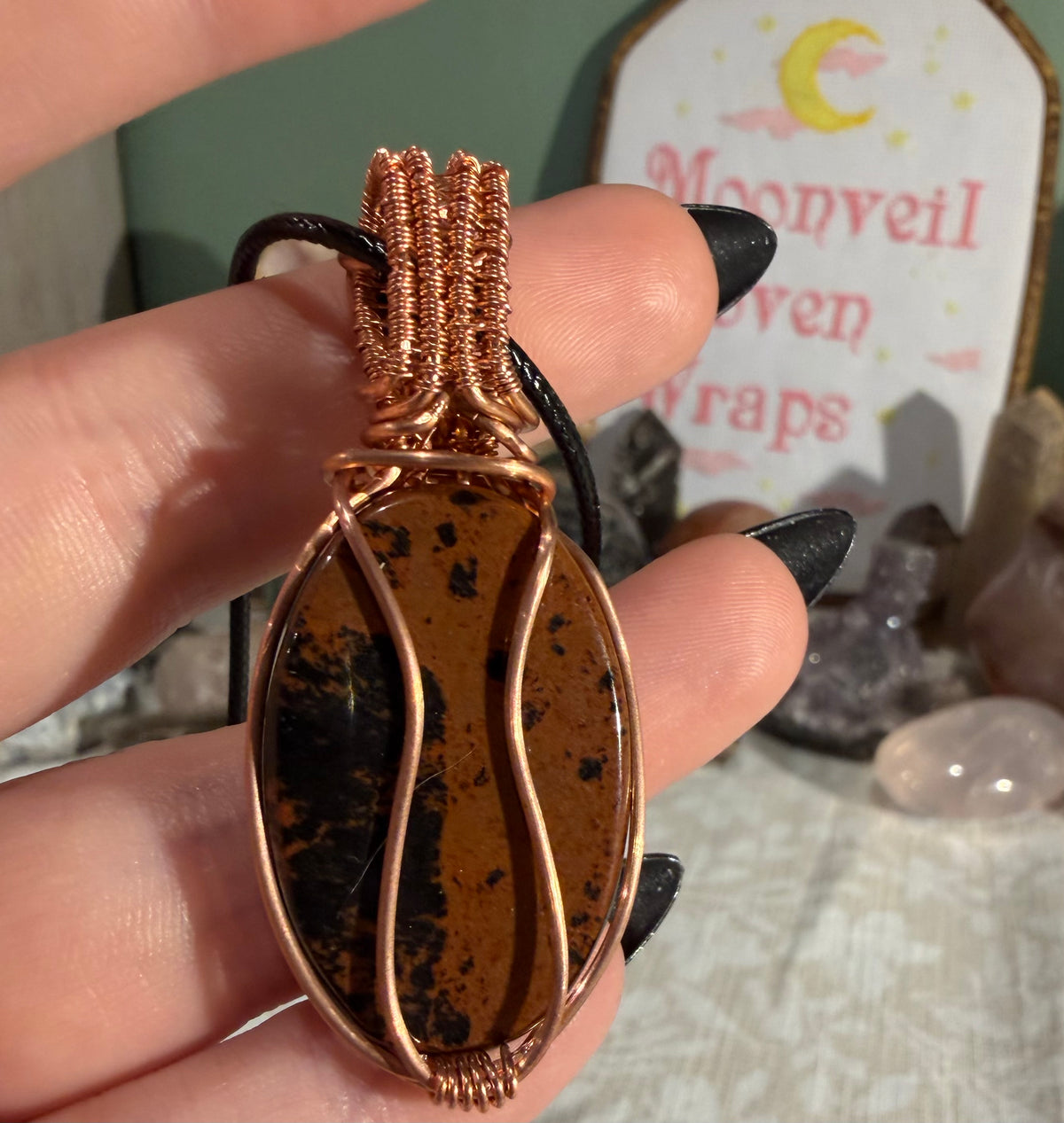 Mahogany Obsidian & Obsidian copper wire-wrapped pendant