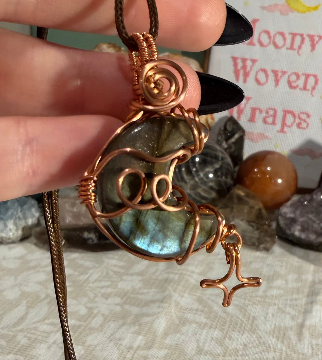 Labradorite moon copper wire-wrapped pendant