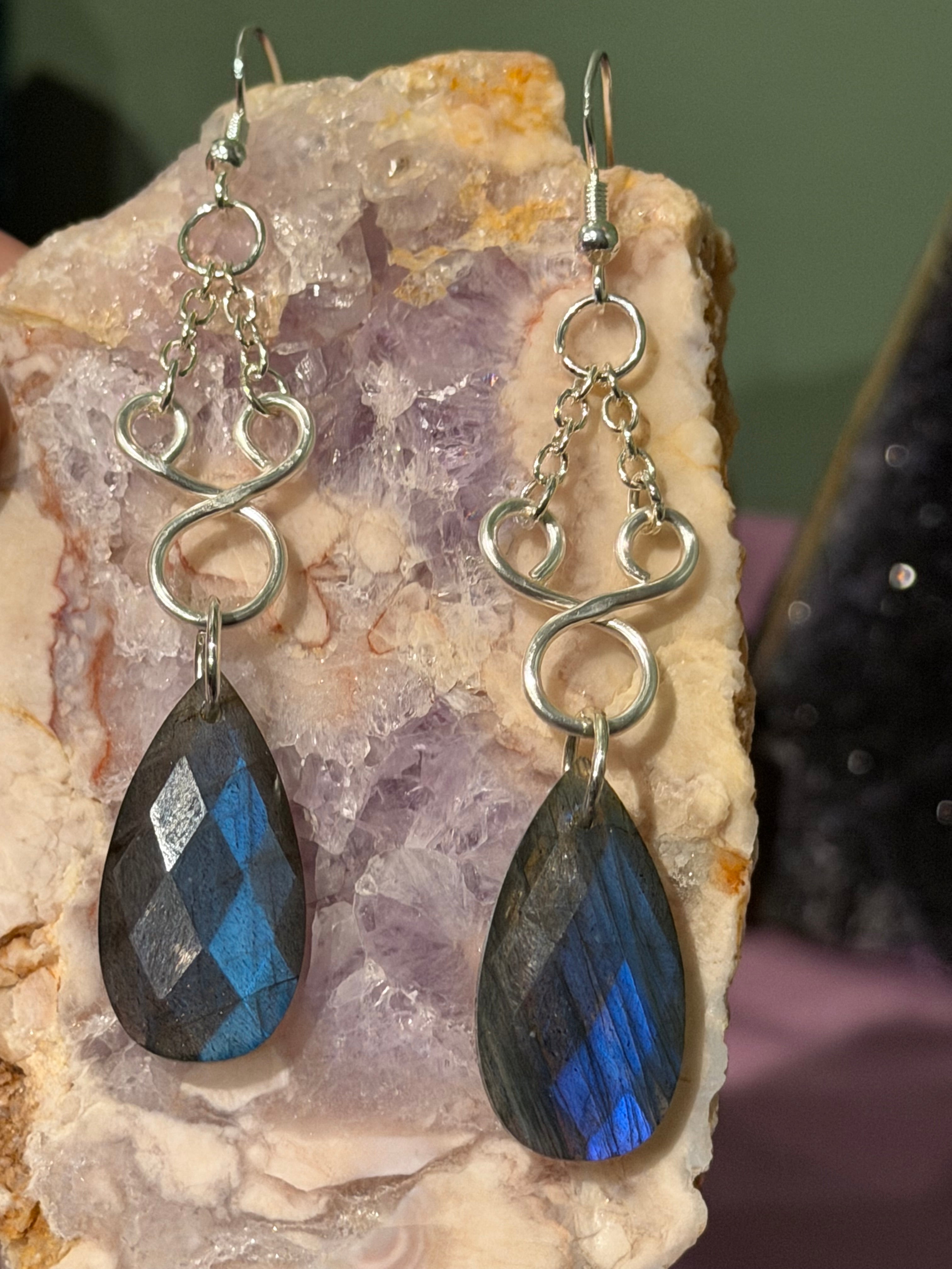 Blue flash Labradorite teardrop dangle earrings