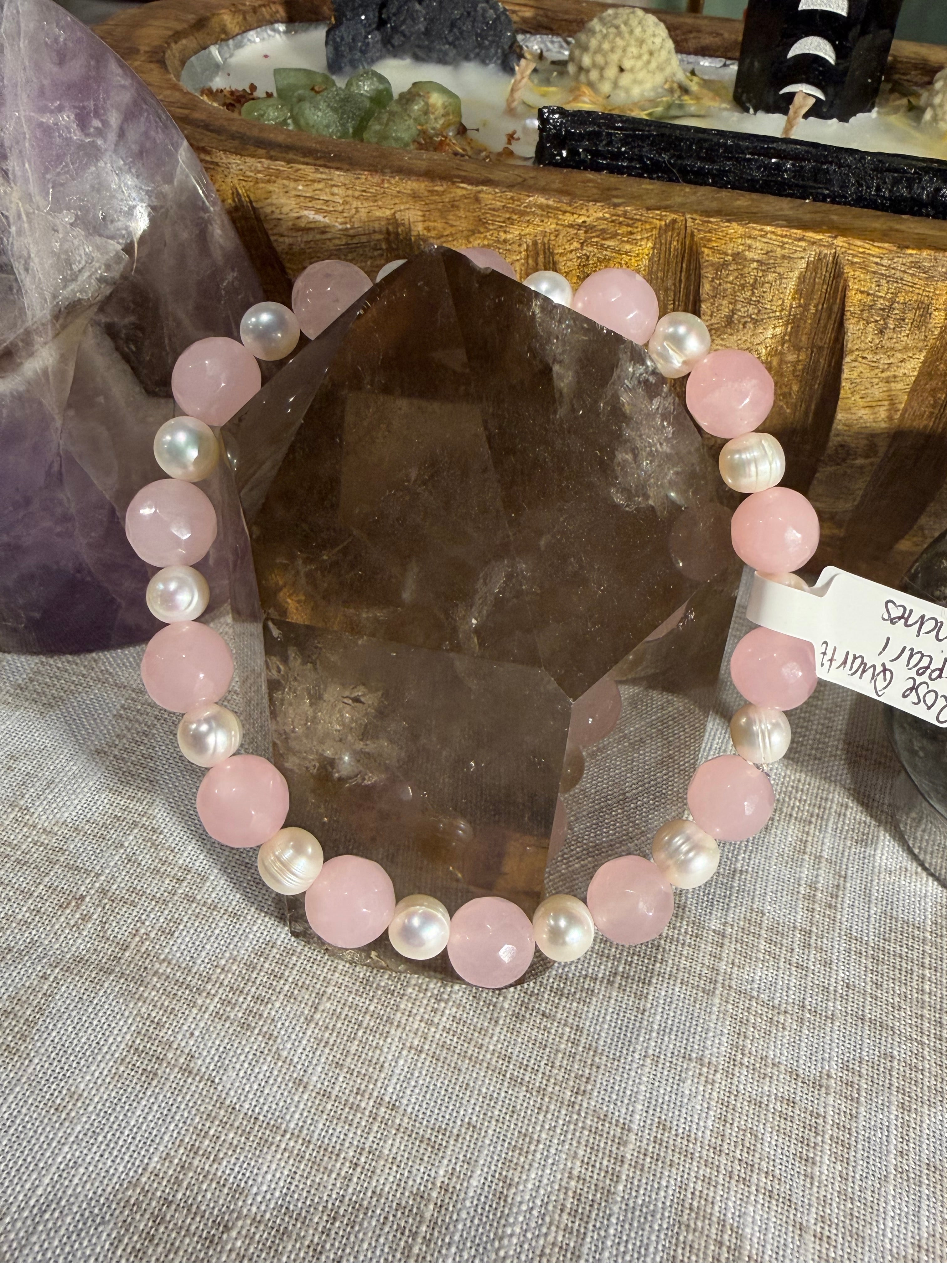 Rose Quartz and freshwater Pearl 8 inch stretchy bracelet
