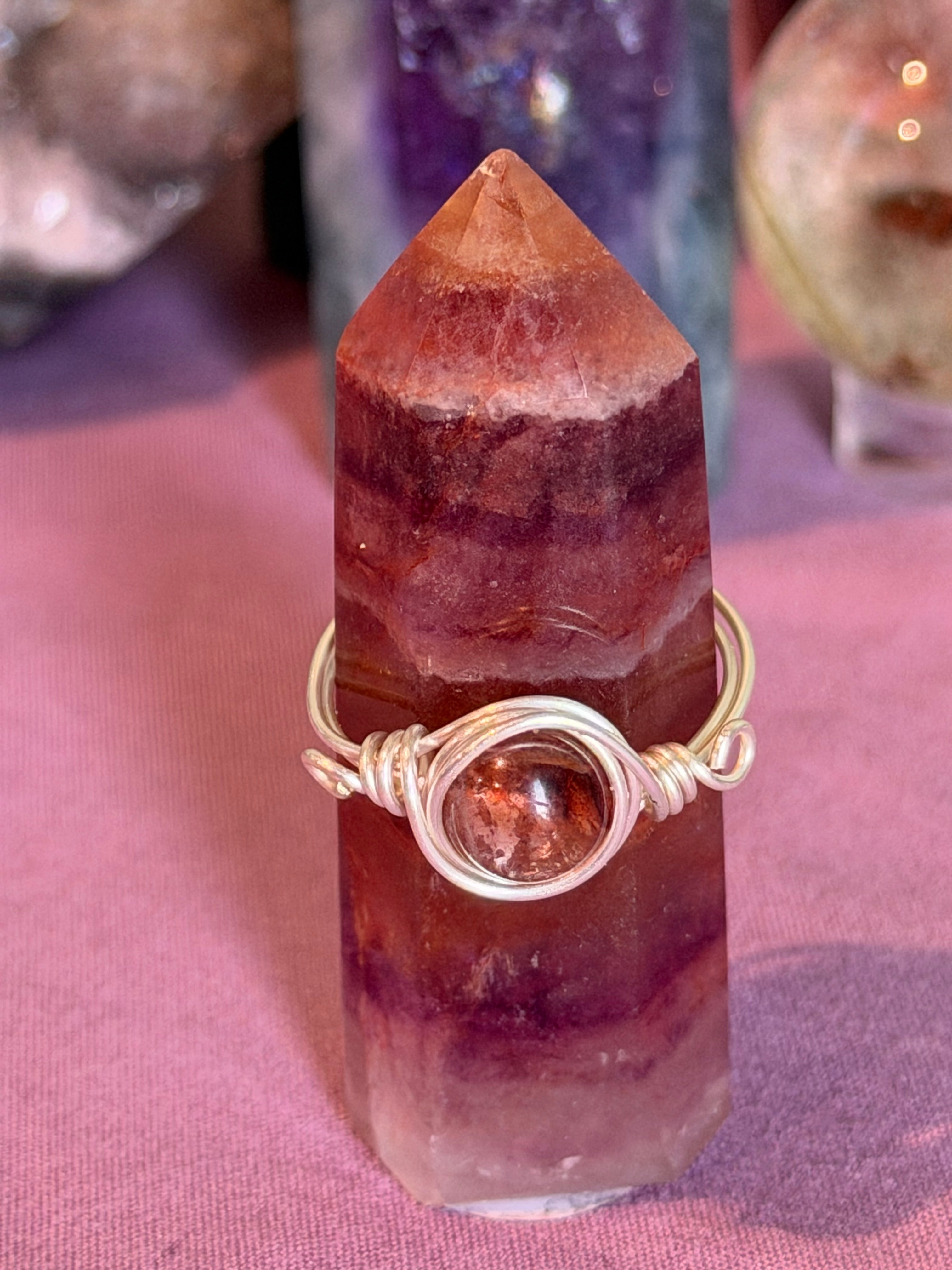 Fire Quartz size 8 silver-tone copper wire-wrapped ring