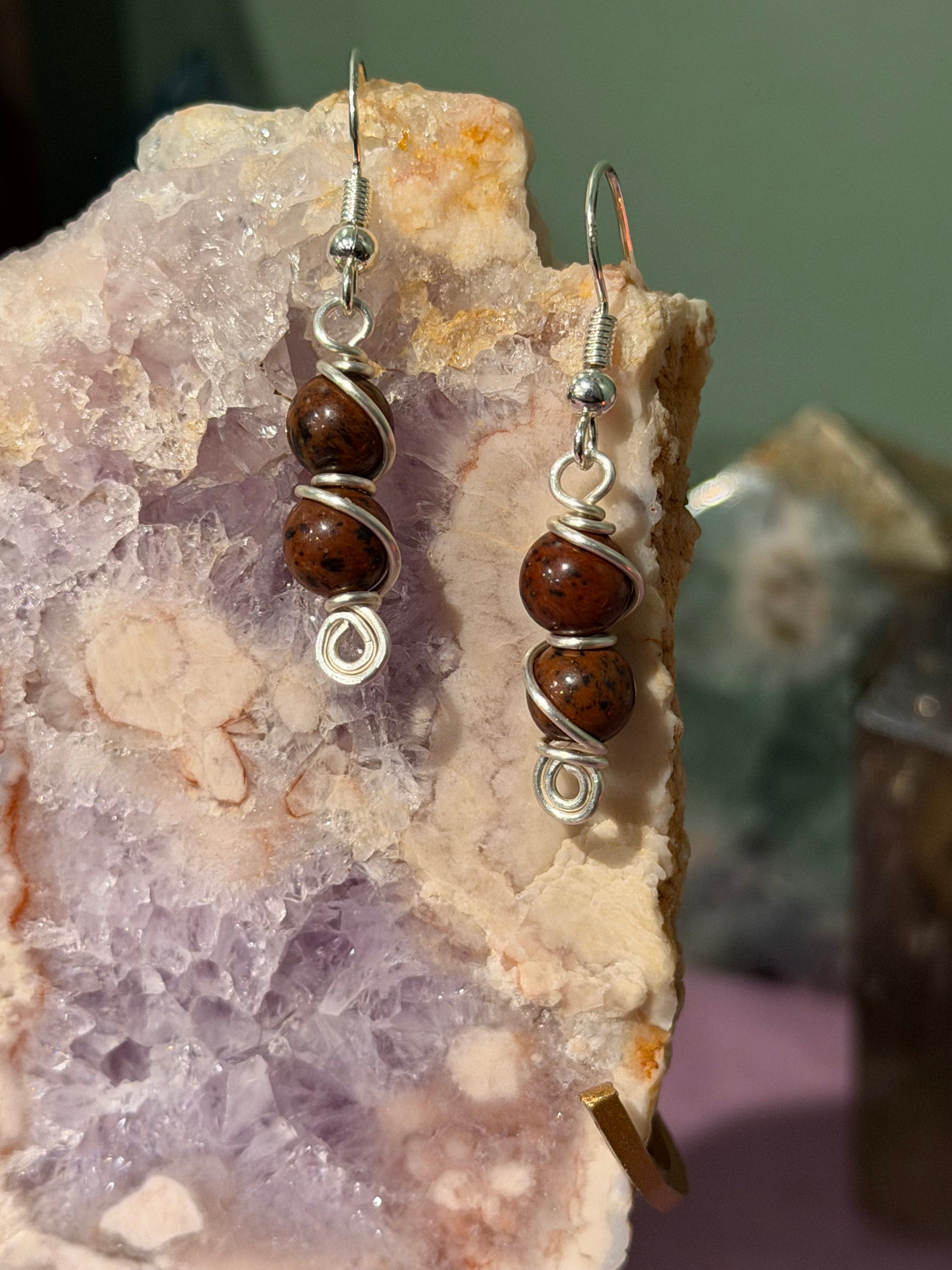 Double Mahogany Obsidian silver-tone copper wire-wrapped earrings