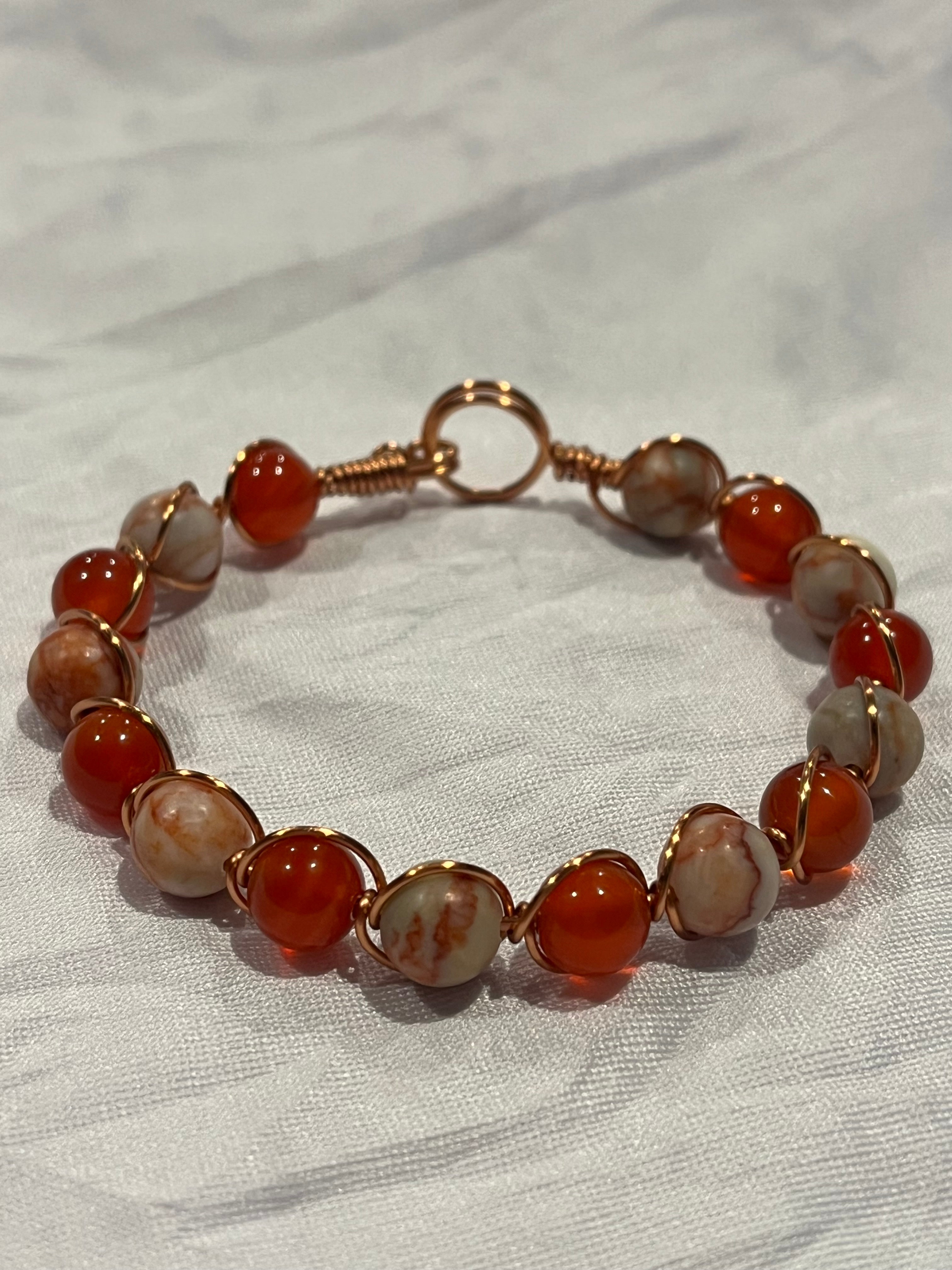 Red Network Jasper & Red Agate 6.5 inch copper wire-wrapped bracelet