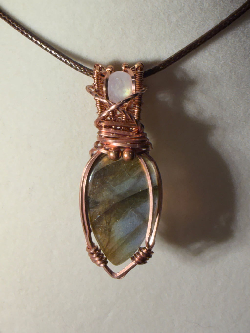 Labradorite & Moonstone copper wire-wrapped pendant