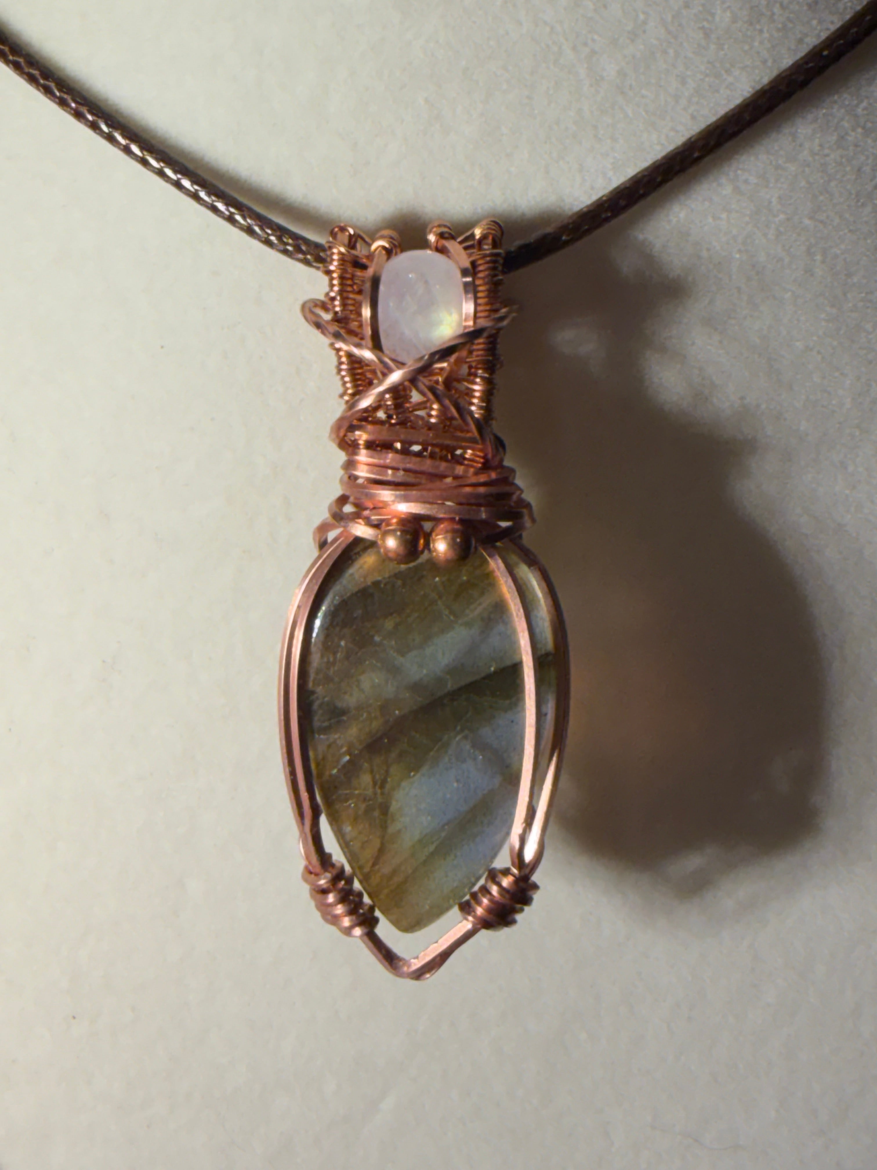 Labradorite & Moonstone copper wire-wrapped pendant