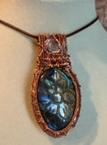 Flower carved Labradorite & Herkimer Diamond copper wire-wrapped pendant
