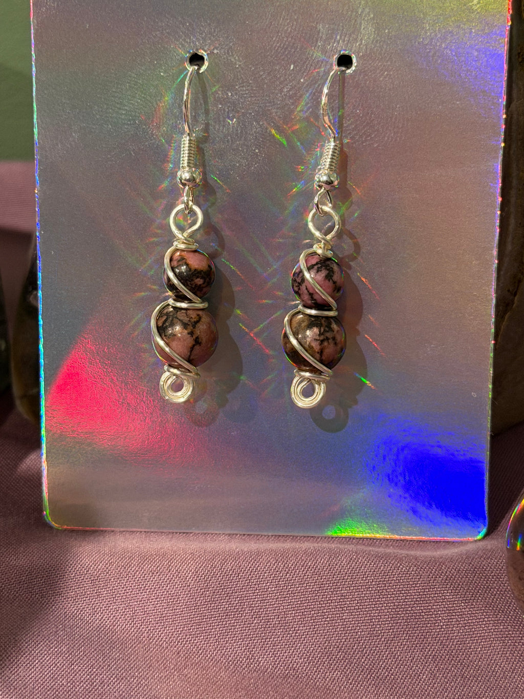 Double Rhodonite silver-tone copper wire-wrapped earrings