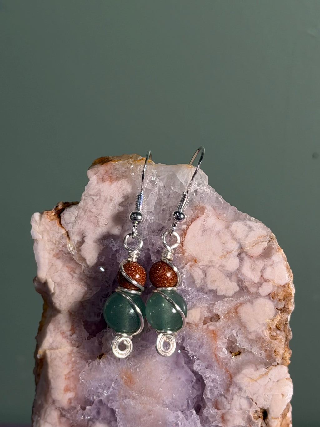 Green Aventurine & Sandstone silver-tone copper wire-wrapped earrings