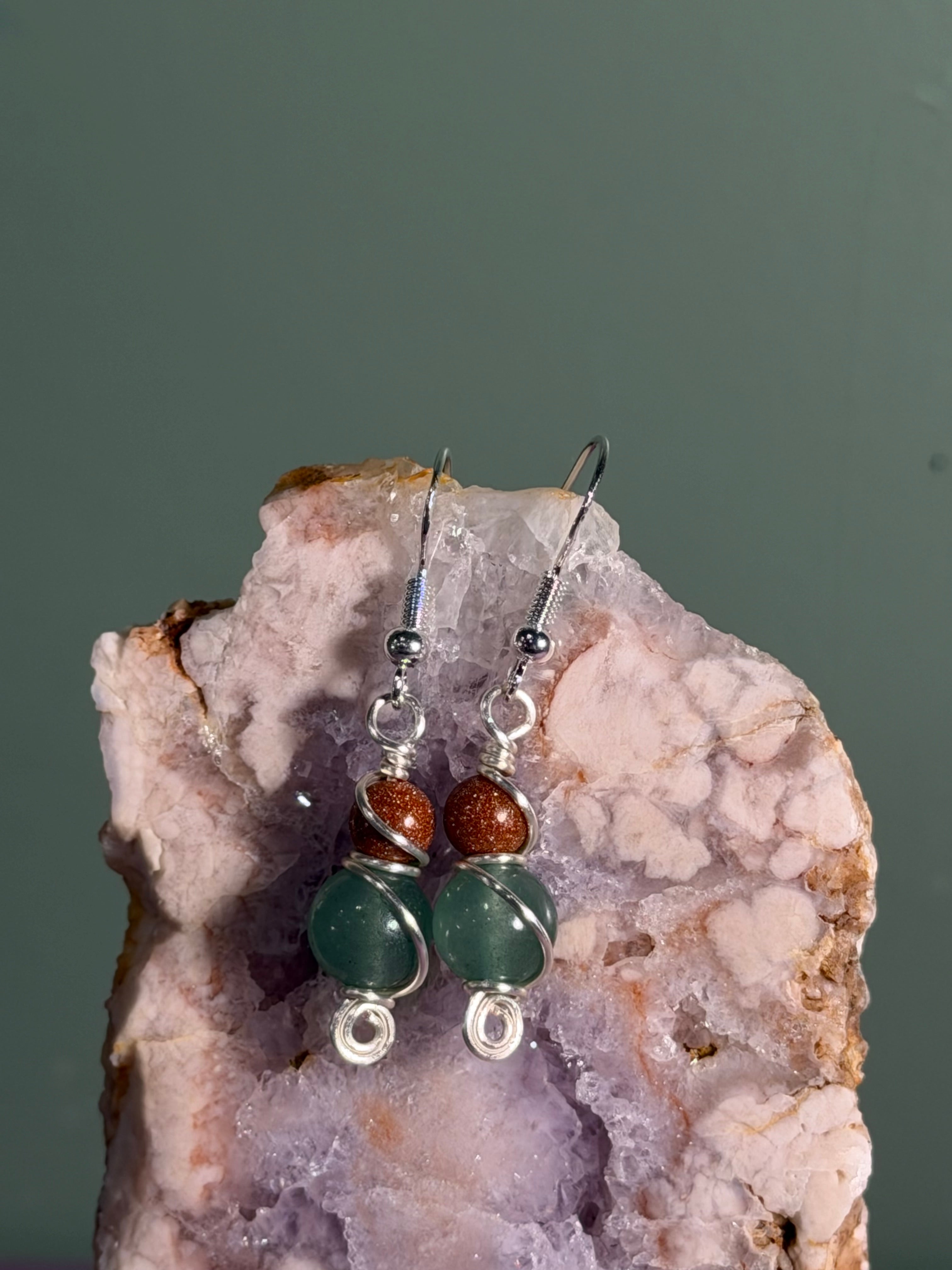 Green Aventurine & Sandstone silver-tone copper wire-wrapped earrings