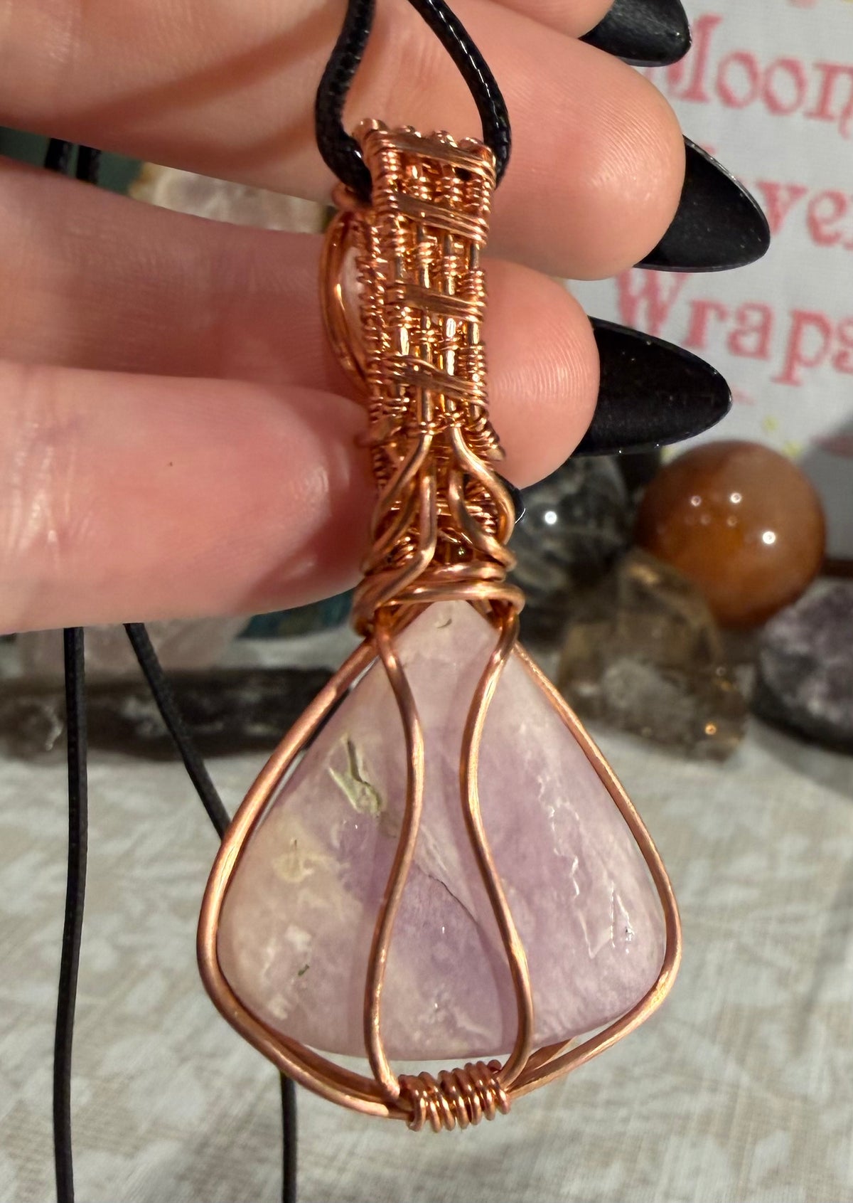 Kunzite & Rose Quartz copper wire-wrapped pendant