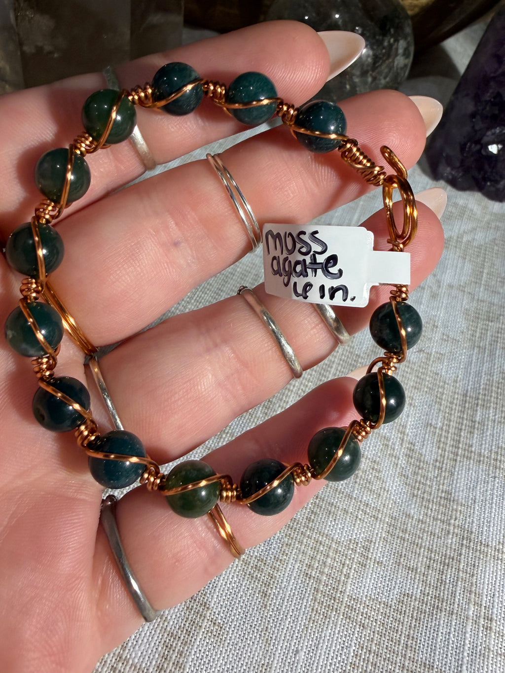 Moss Agate 6 inch copper wire-wrapped bracelet