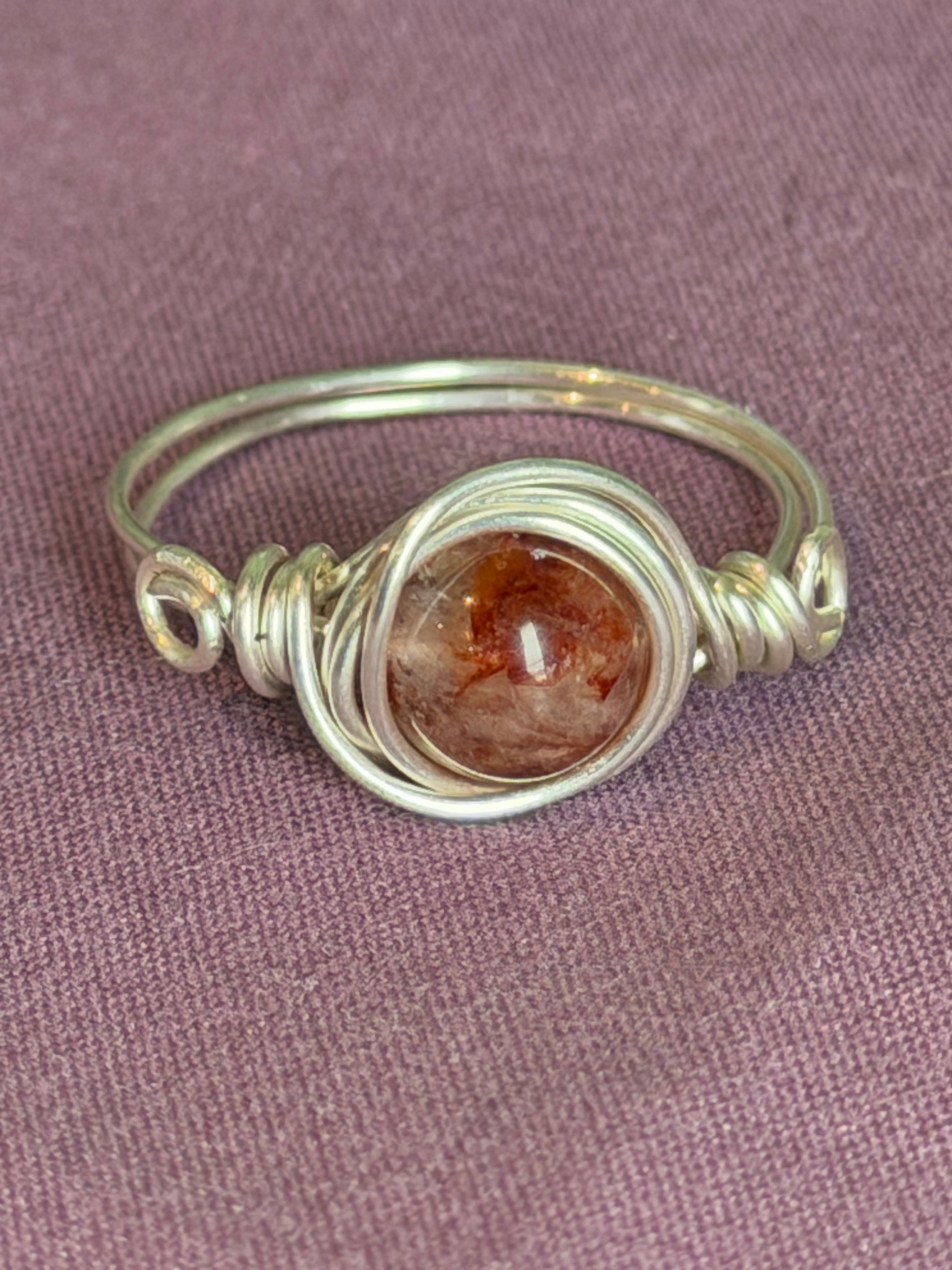 Fire Quartz size 9 silver-tone copper wire-wrapped ring