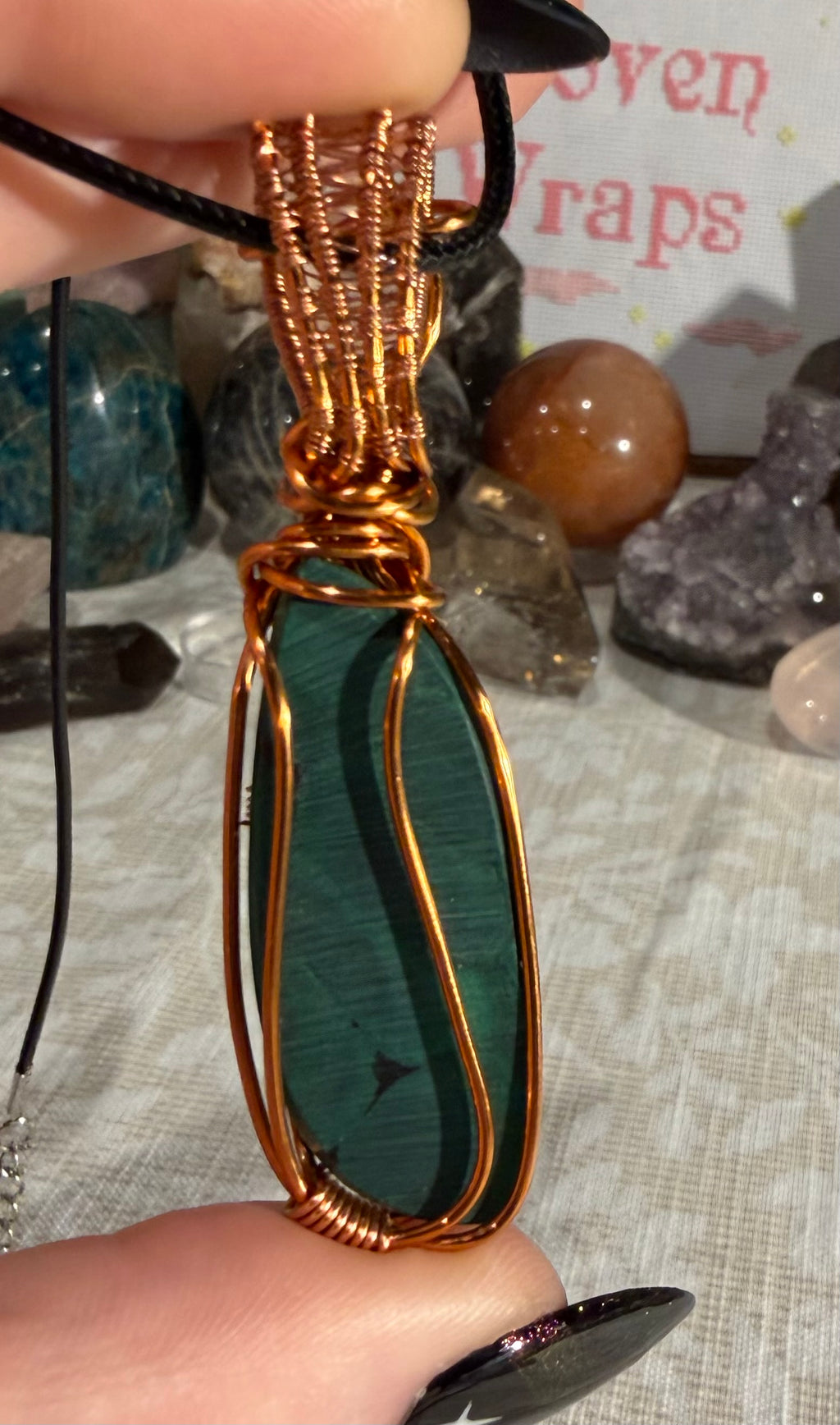 Malachite & Quartz copper wire-wrapped pendant