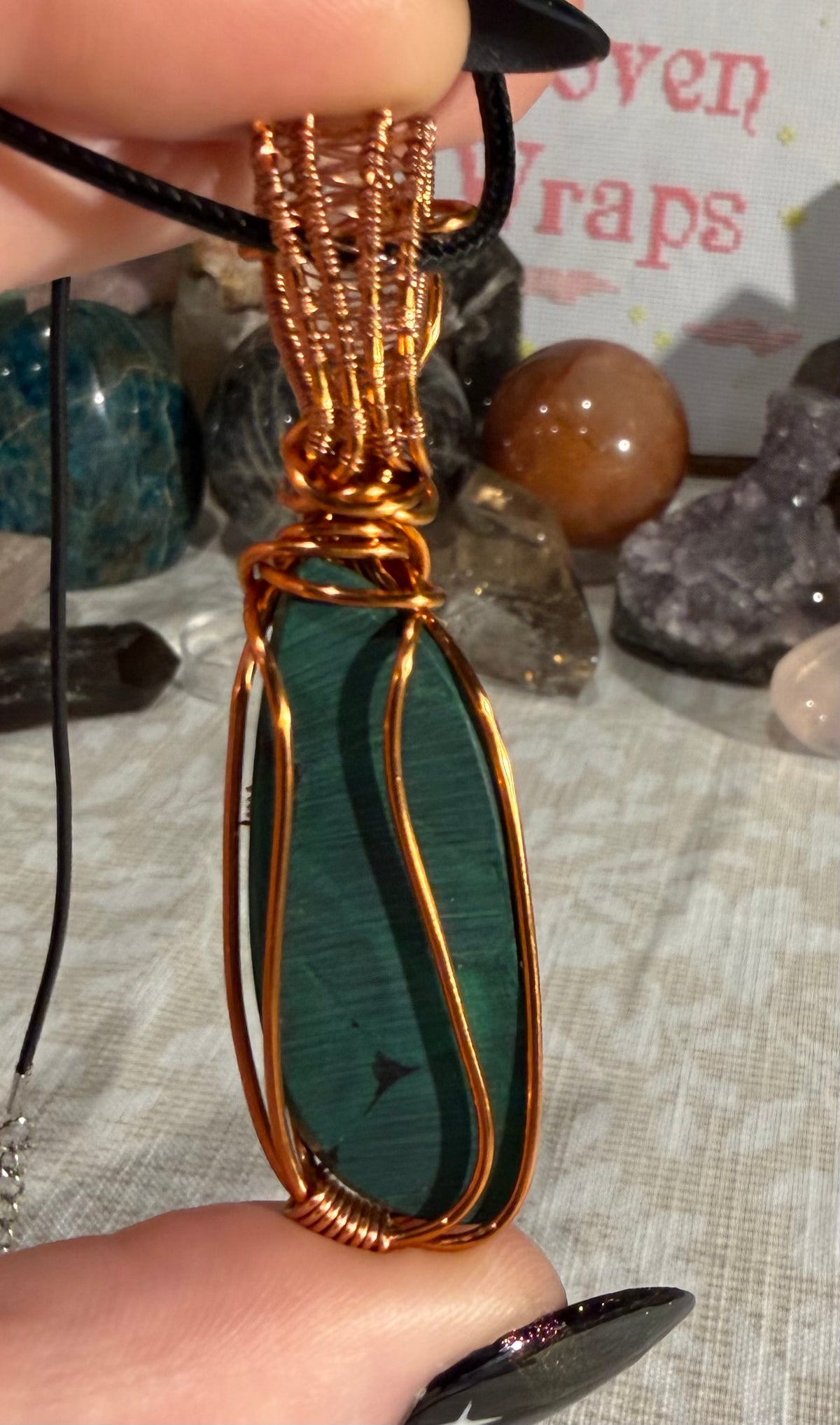 Malachite & Quartz copper wire-wrapped pendant