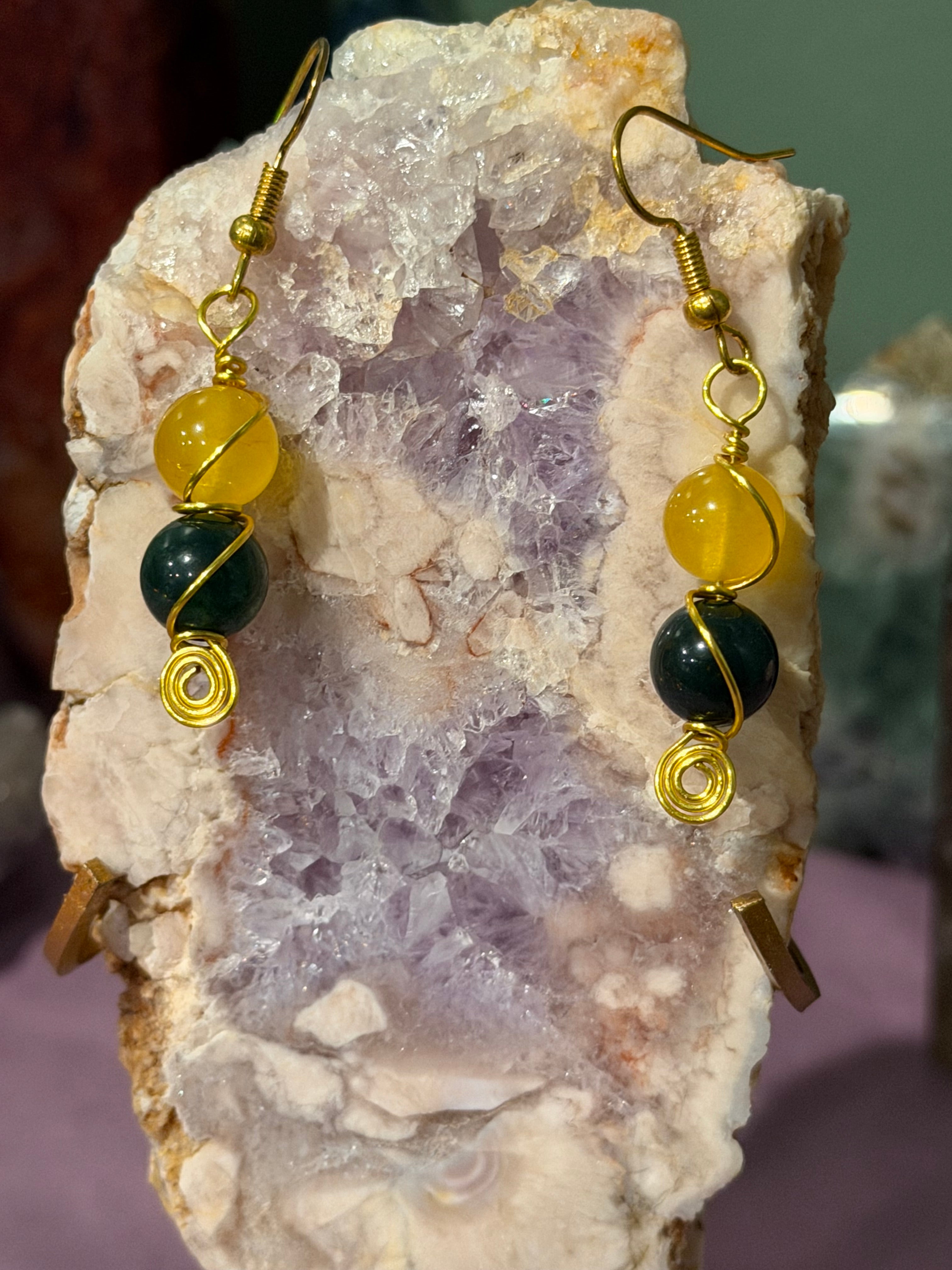 Tourmaline & Moss Agate gold-tone copper wire-wrapped earrings
