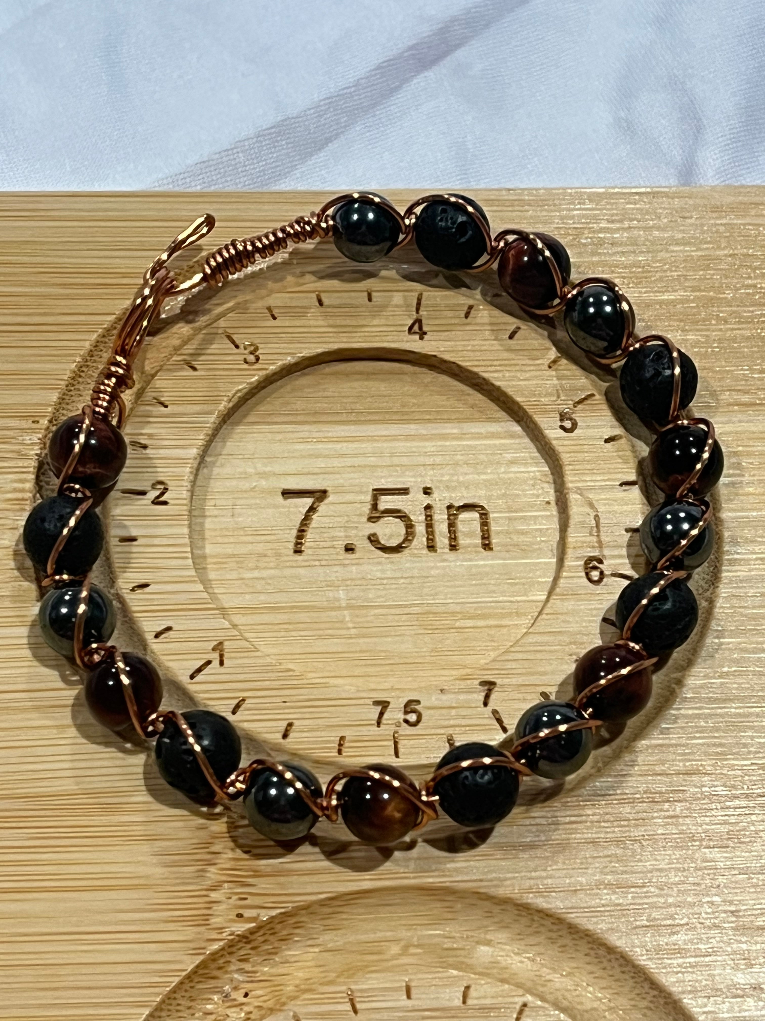 Hematite, Red Tiger's Eye & Lava Stone 7.5 inch copper wire-wrapped bracelet