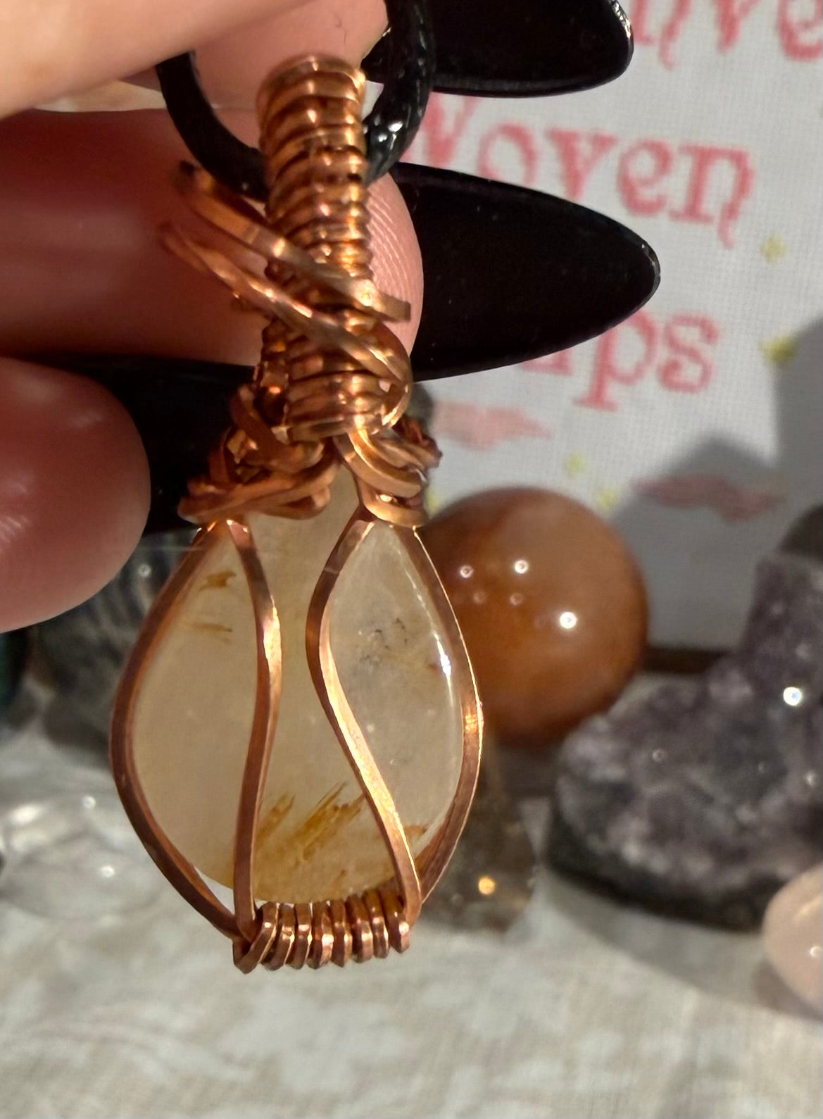 Gold Rutilated Quartz copper wire-wrapped pendant