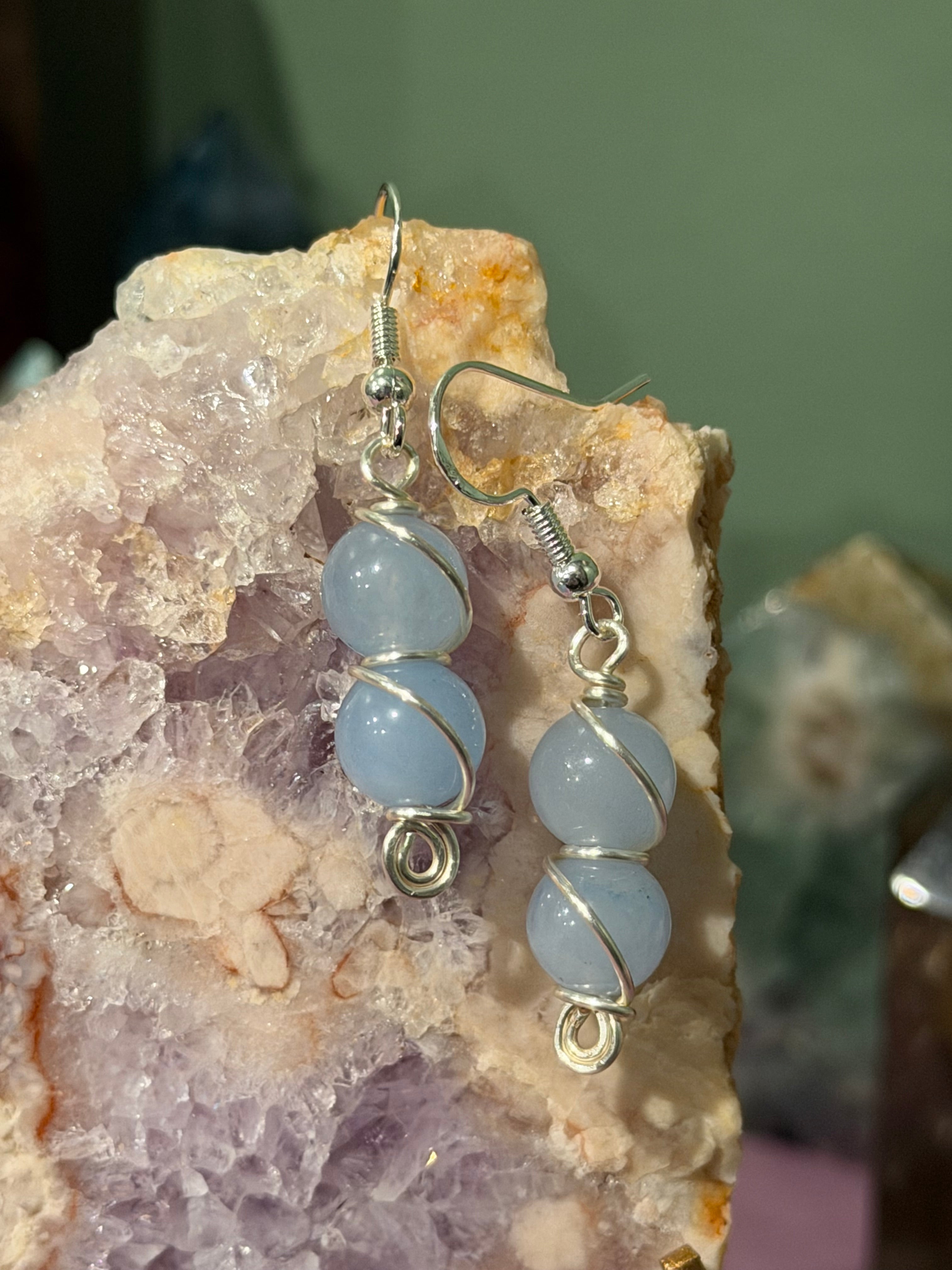 Double Aquamarine silver-tone copper wire-wrapped earrings