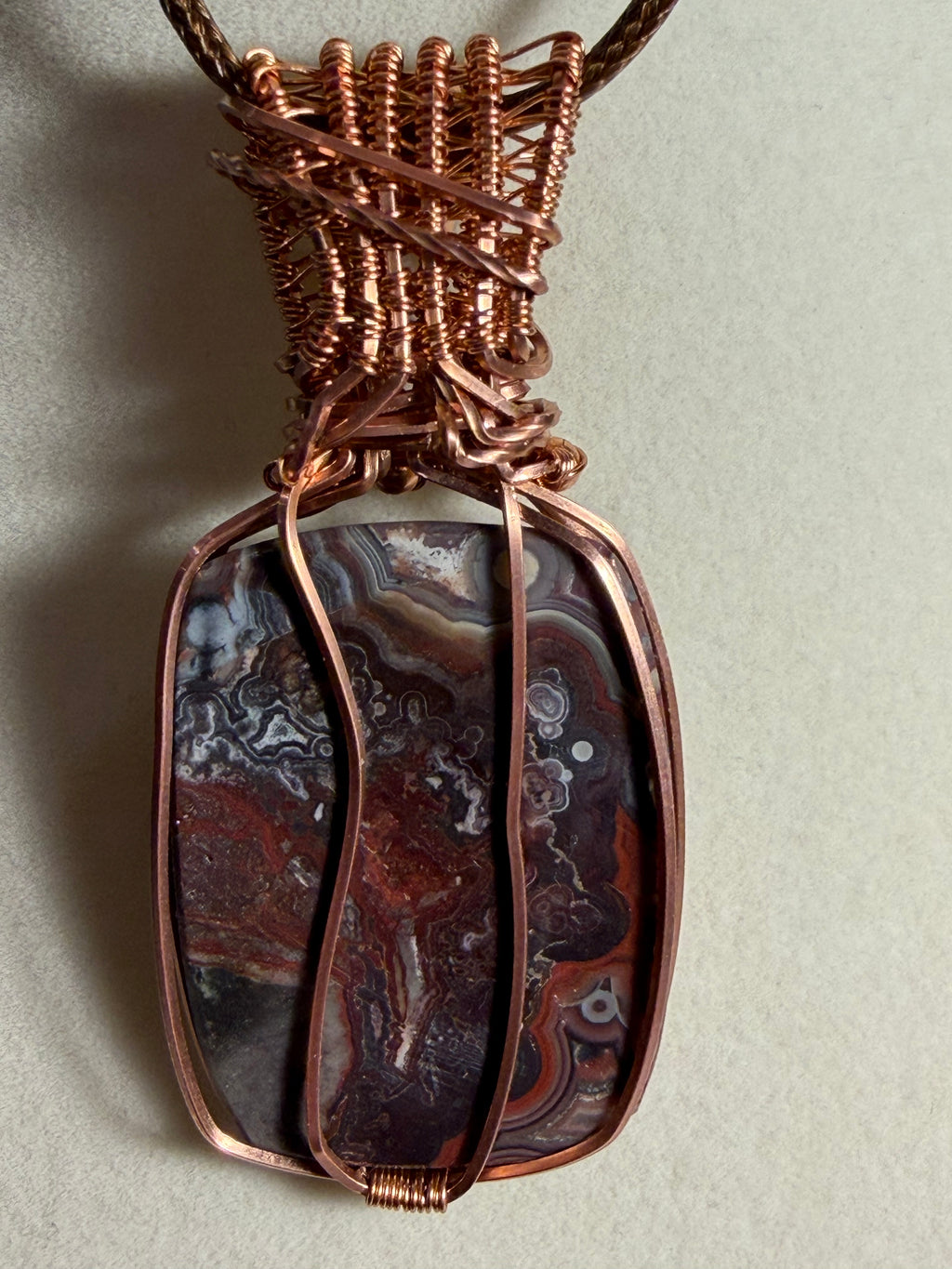 Mexican Crazy Lace Agate & Garnet copper wire-wrapped pendant