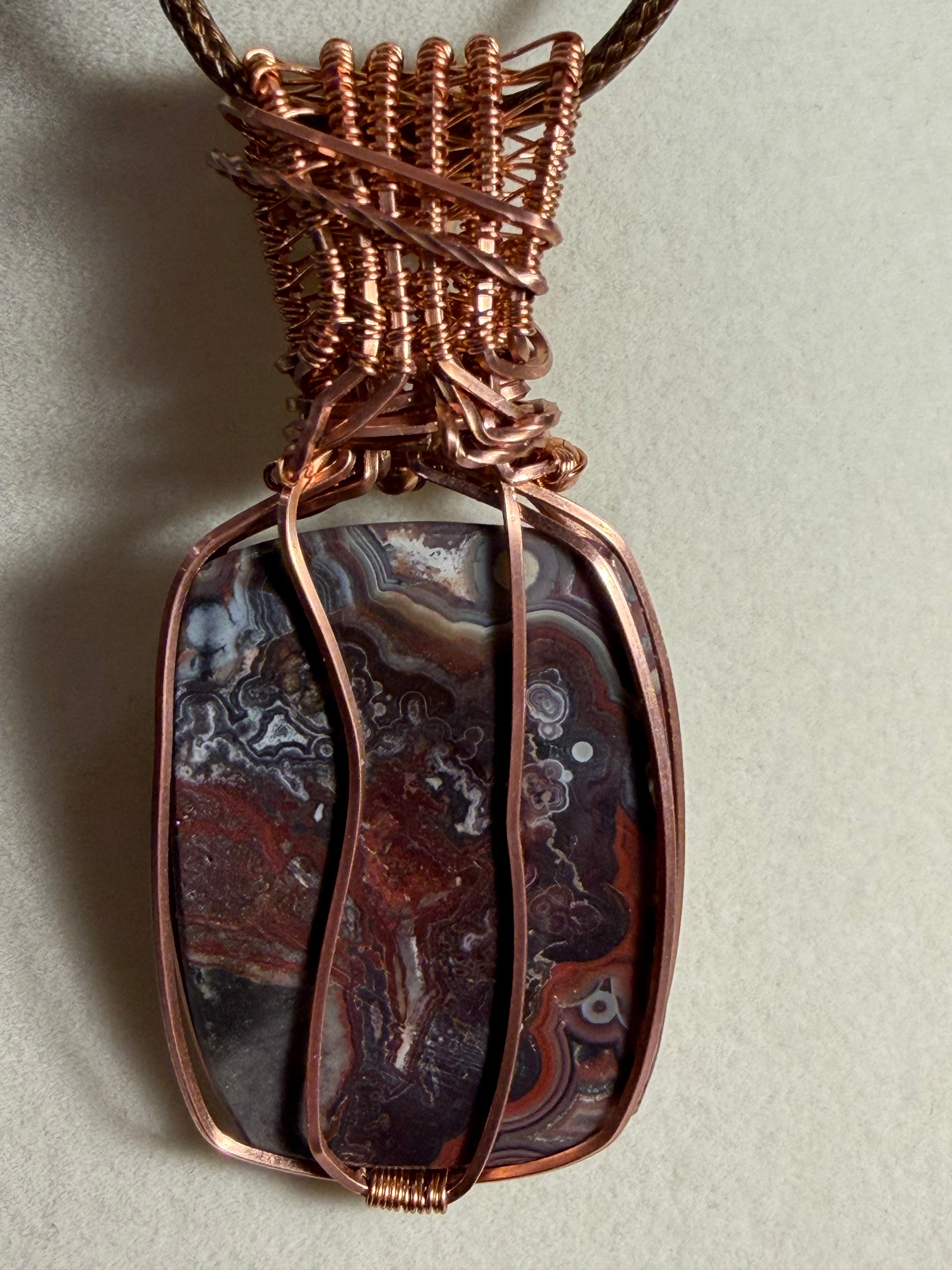 Mexican Crazy Lace Agate & Garnet copper wire-wrapped pendant