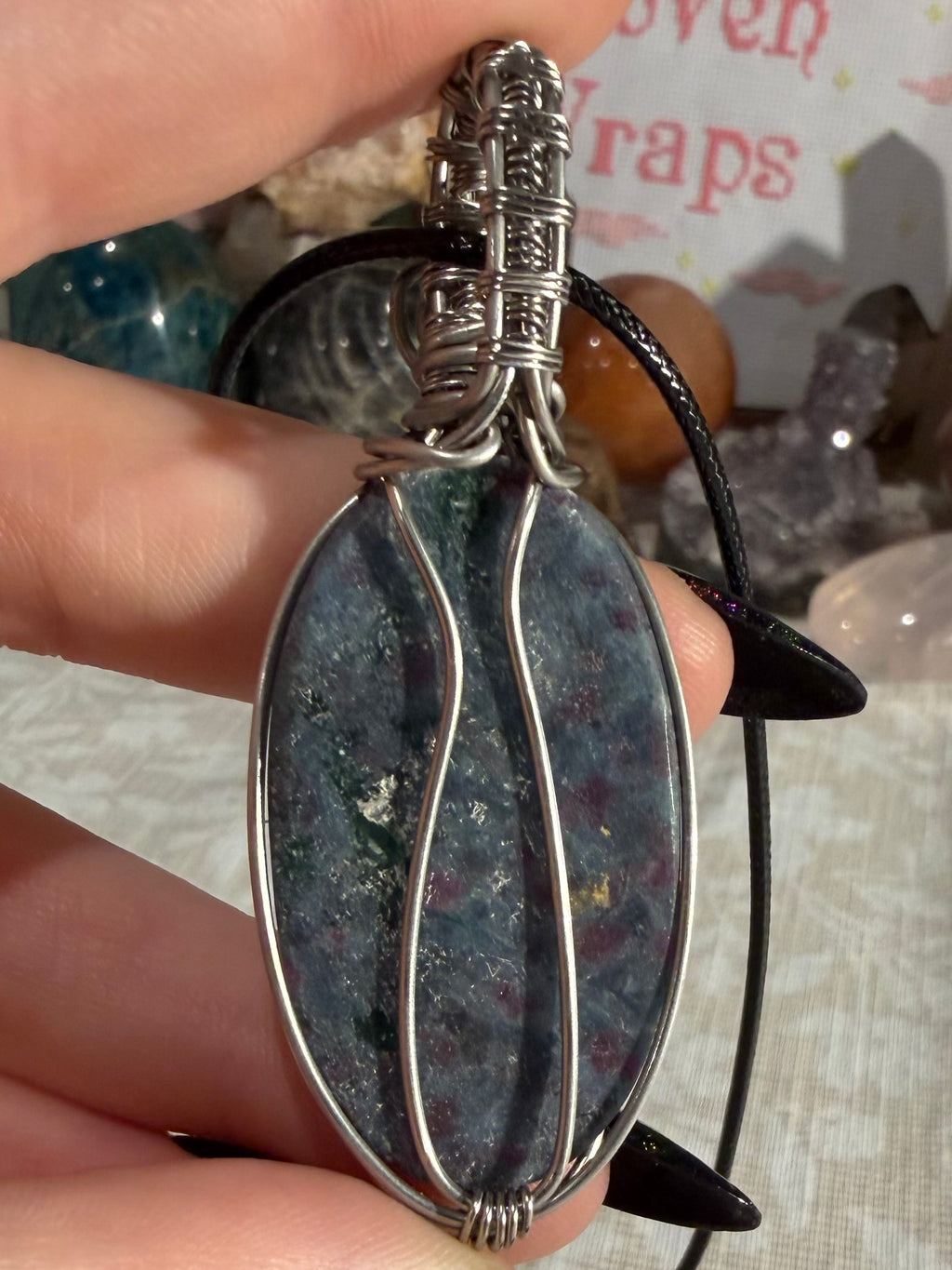 Ruby, Fuschite & Kyanite stainless steel wire-wrapped pendant