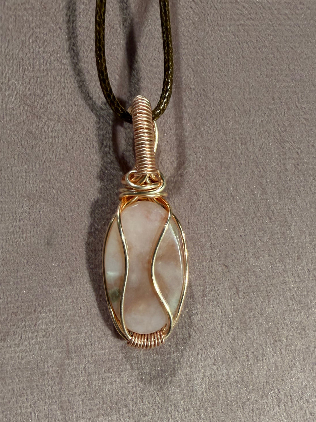 Pink Opal rose gold colored copper wire-wrapped pendant