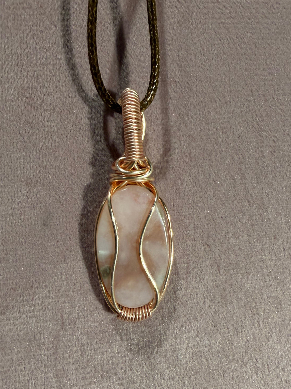 Pink Opal rose gold colored copper wire-wrapped pendant