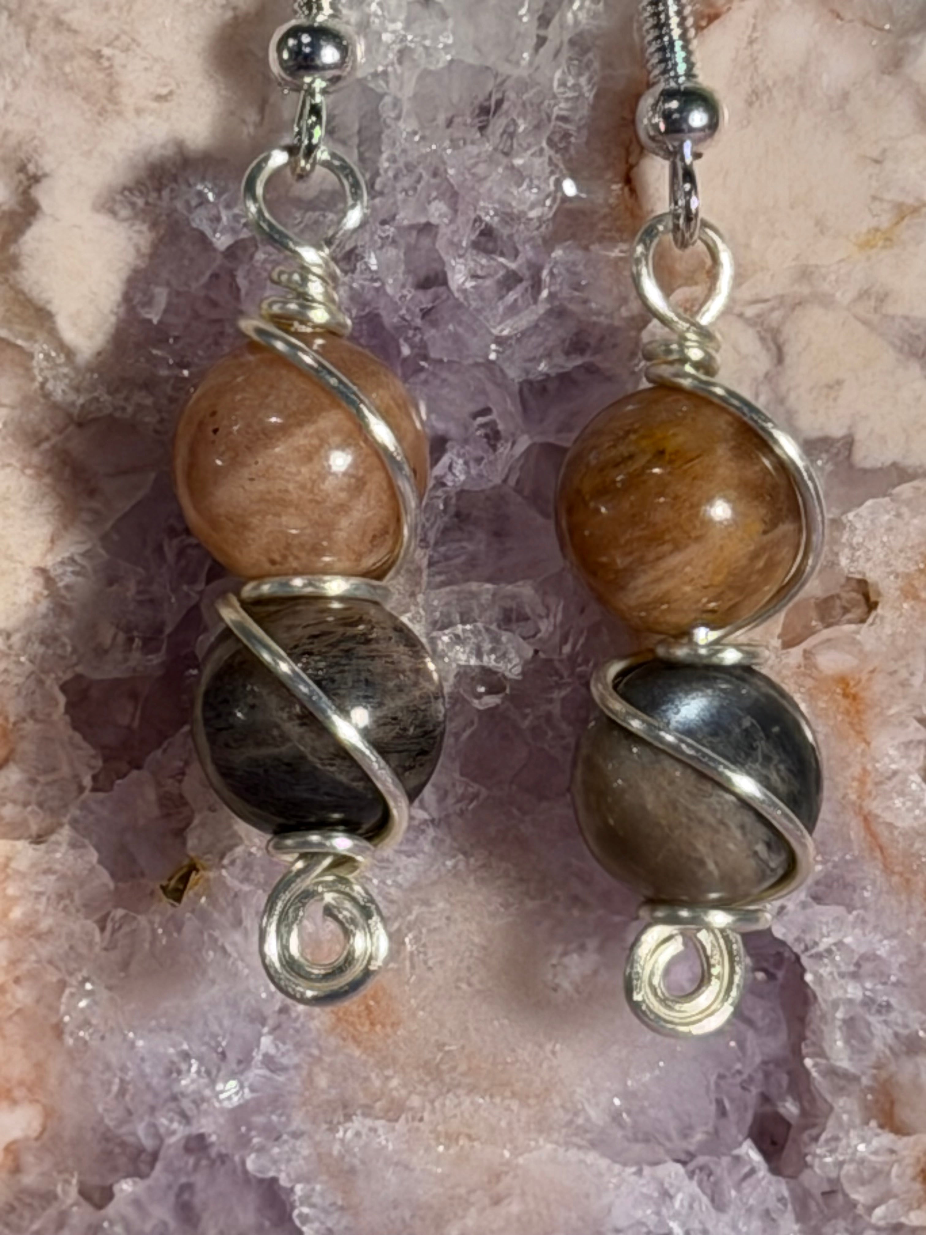 Double Peach Moonstone silver-tone copper wire-wrapped earrings