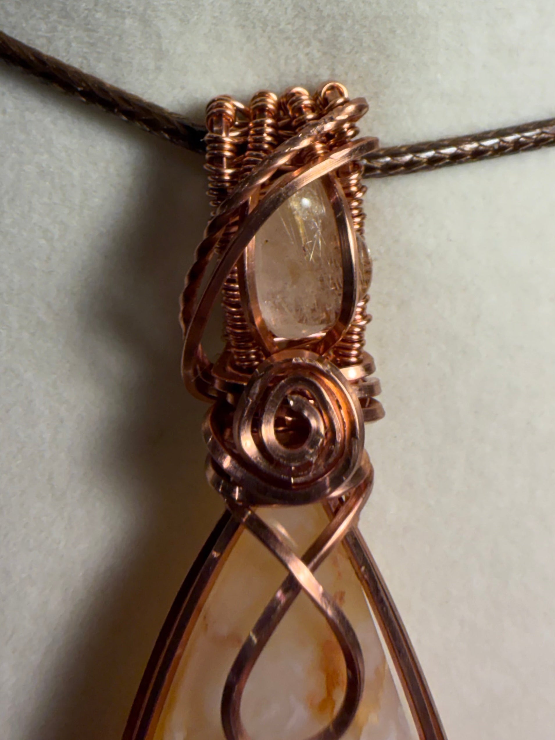 Carnelian & Gold Rutilated Quartz copper wire-wrapped pendant