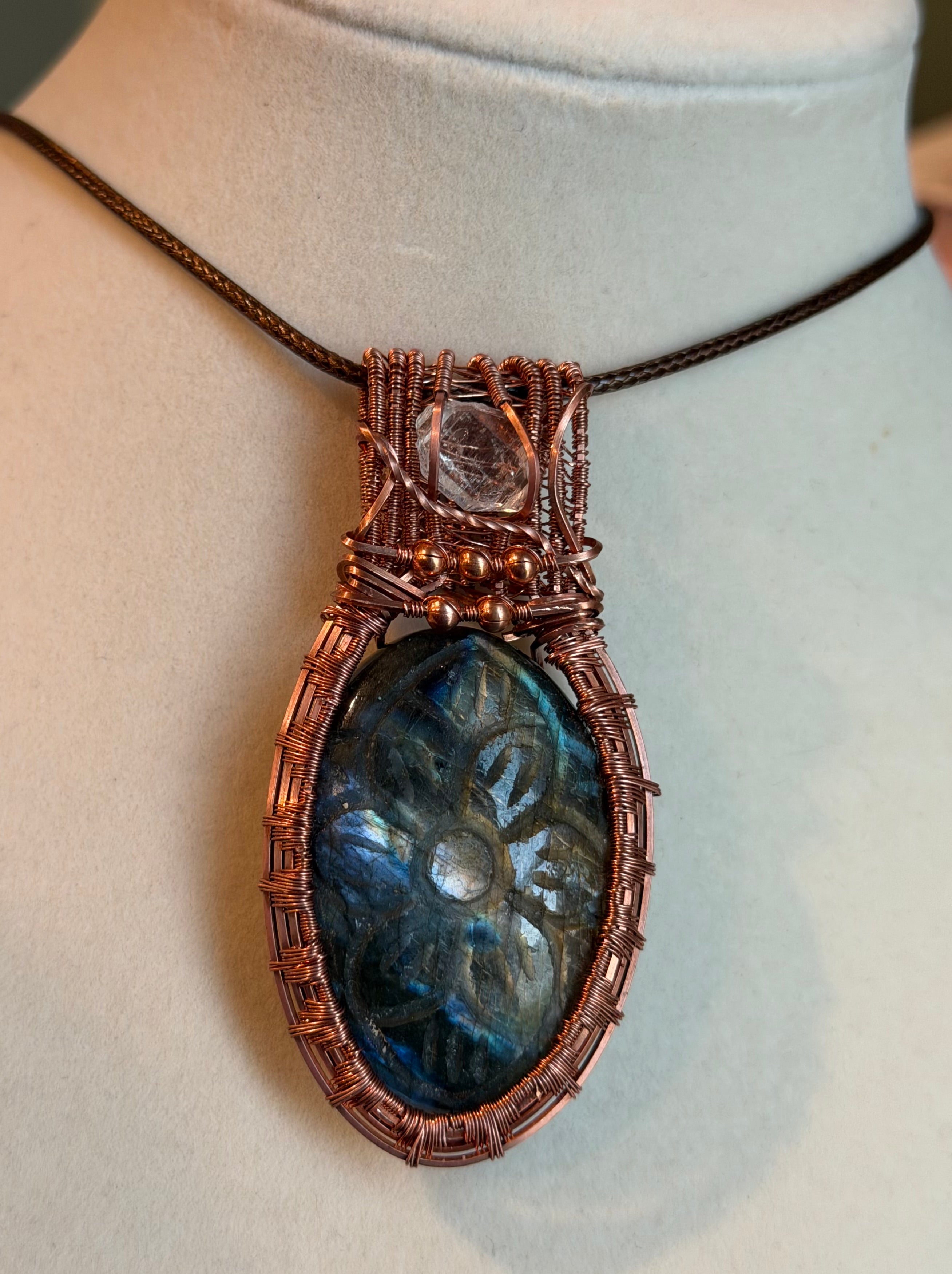 Flower carved Labradorite & Herkimer Diamond copper wire-wrapped pendant