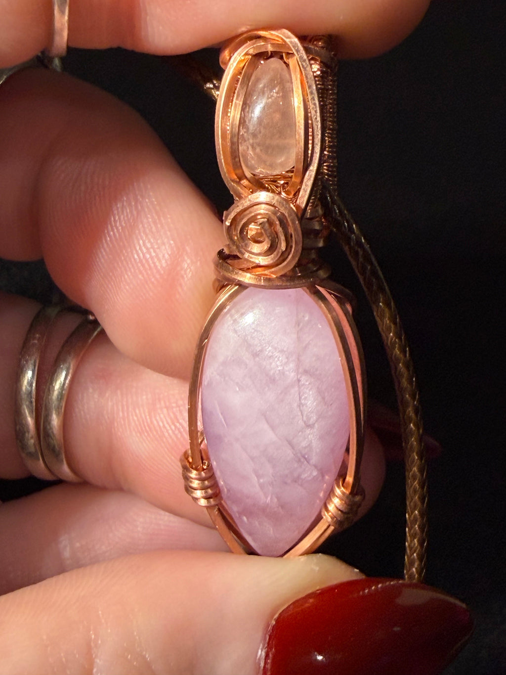 Kunzite & Rose Quartz copper wire-wrapped pendant