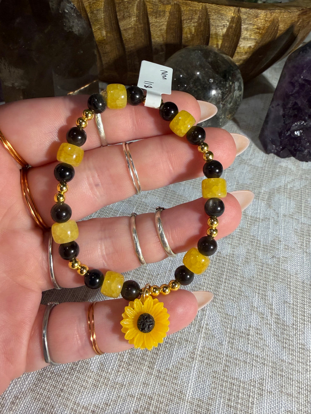 Silver Sheen Obsidian & glass beaded 6 inch stretchy sunflower bracelet
