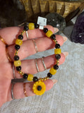 Silver Sheen Obsidian & glass beaded 6 inch stretchy sunflower bracelet