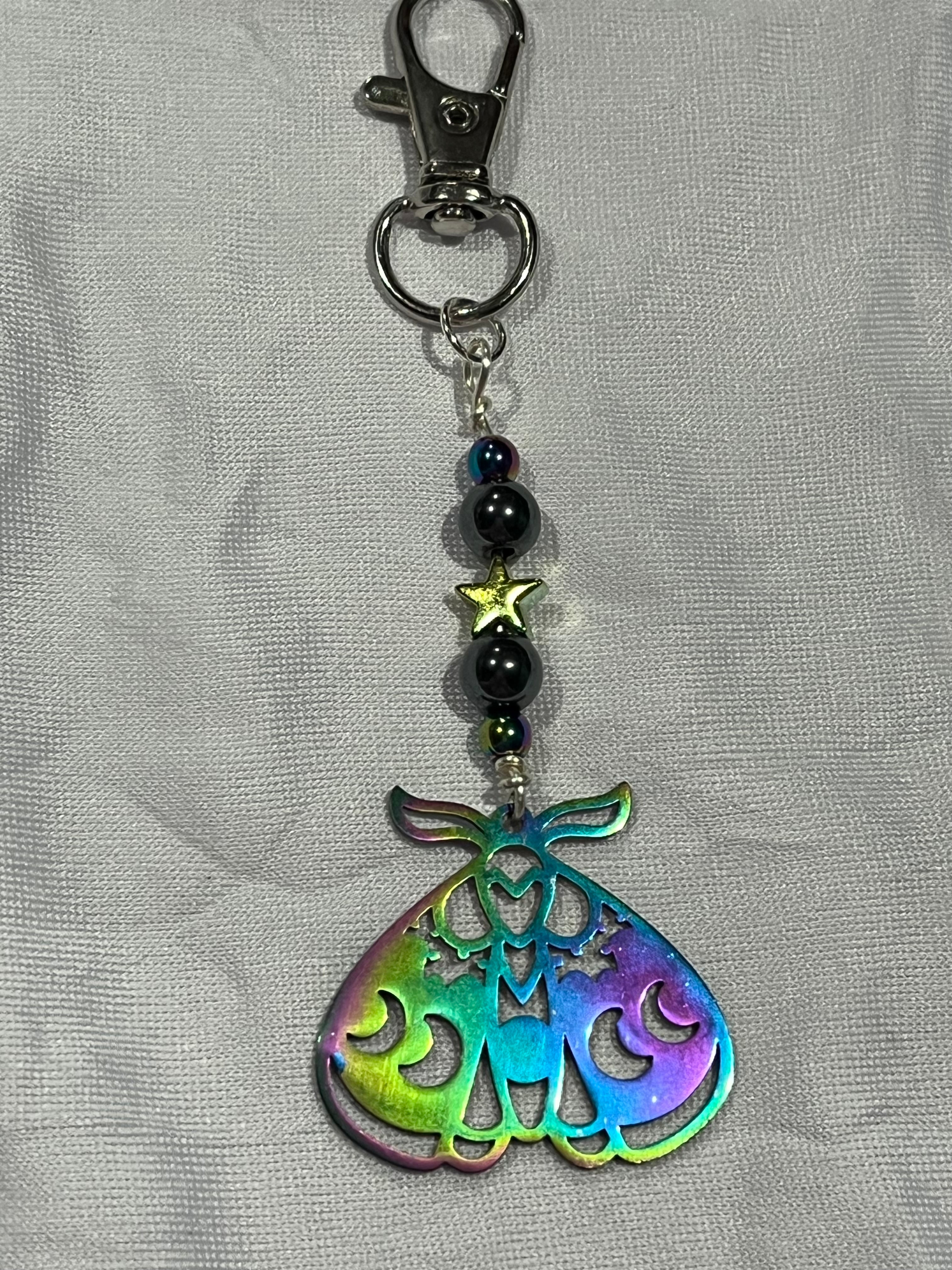 Multicolor moth silver-tone keychain/ purse charm with Hematite and star beads