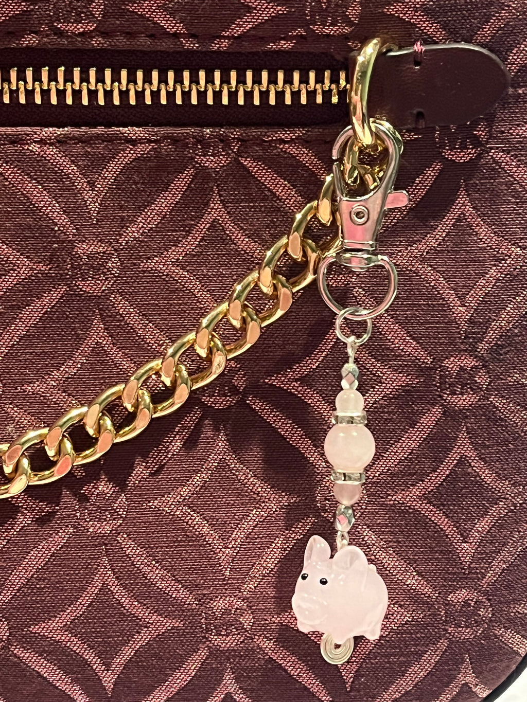 Rose Quartz & glass pig beaded silver-tone wire wrapped keychain/purse charm