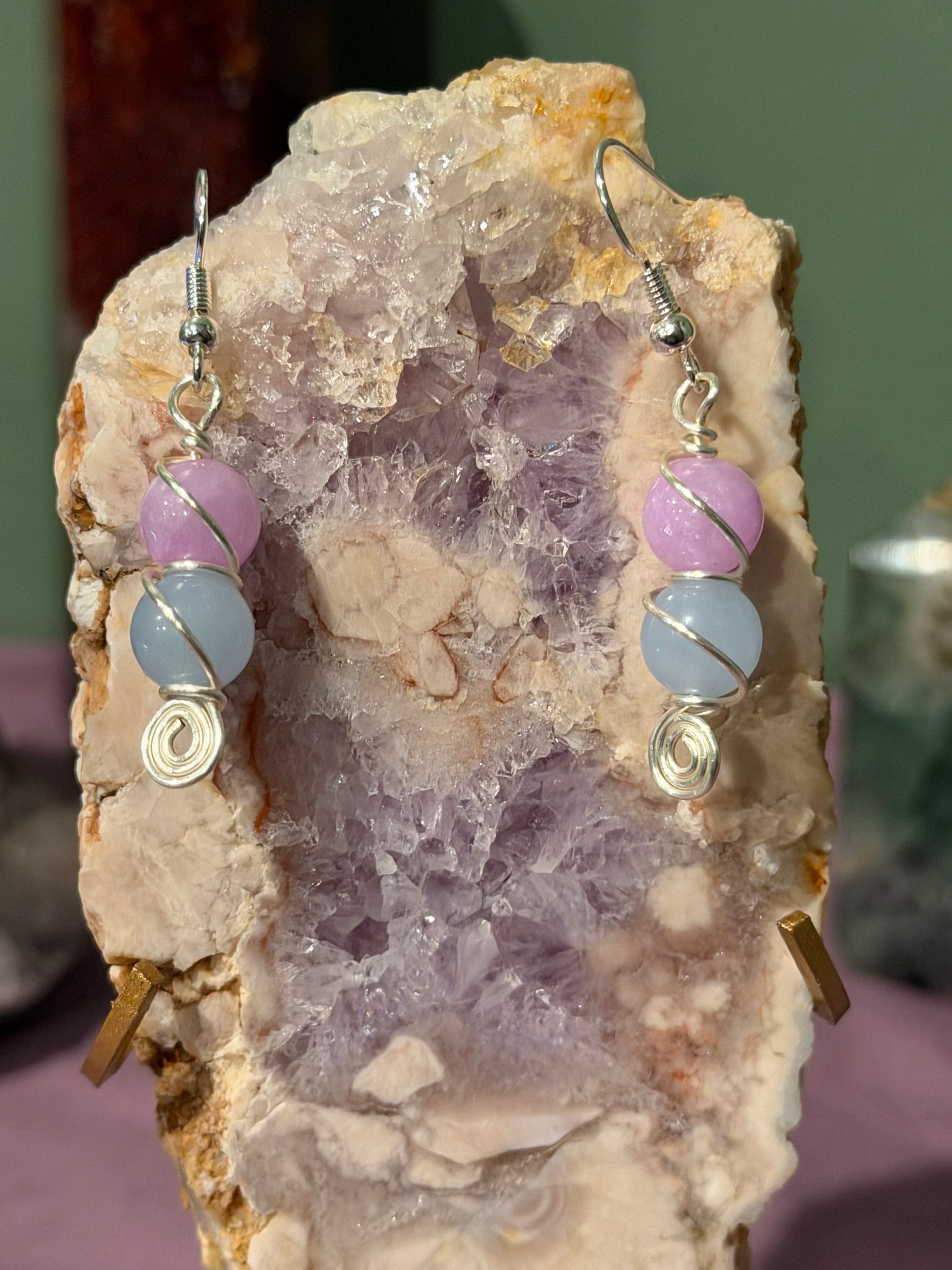 Lavender Amethyst & Aquamarine silver-tone copper wire-wrapped earrings