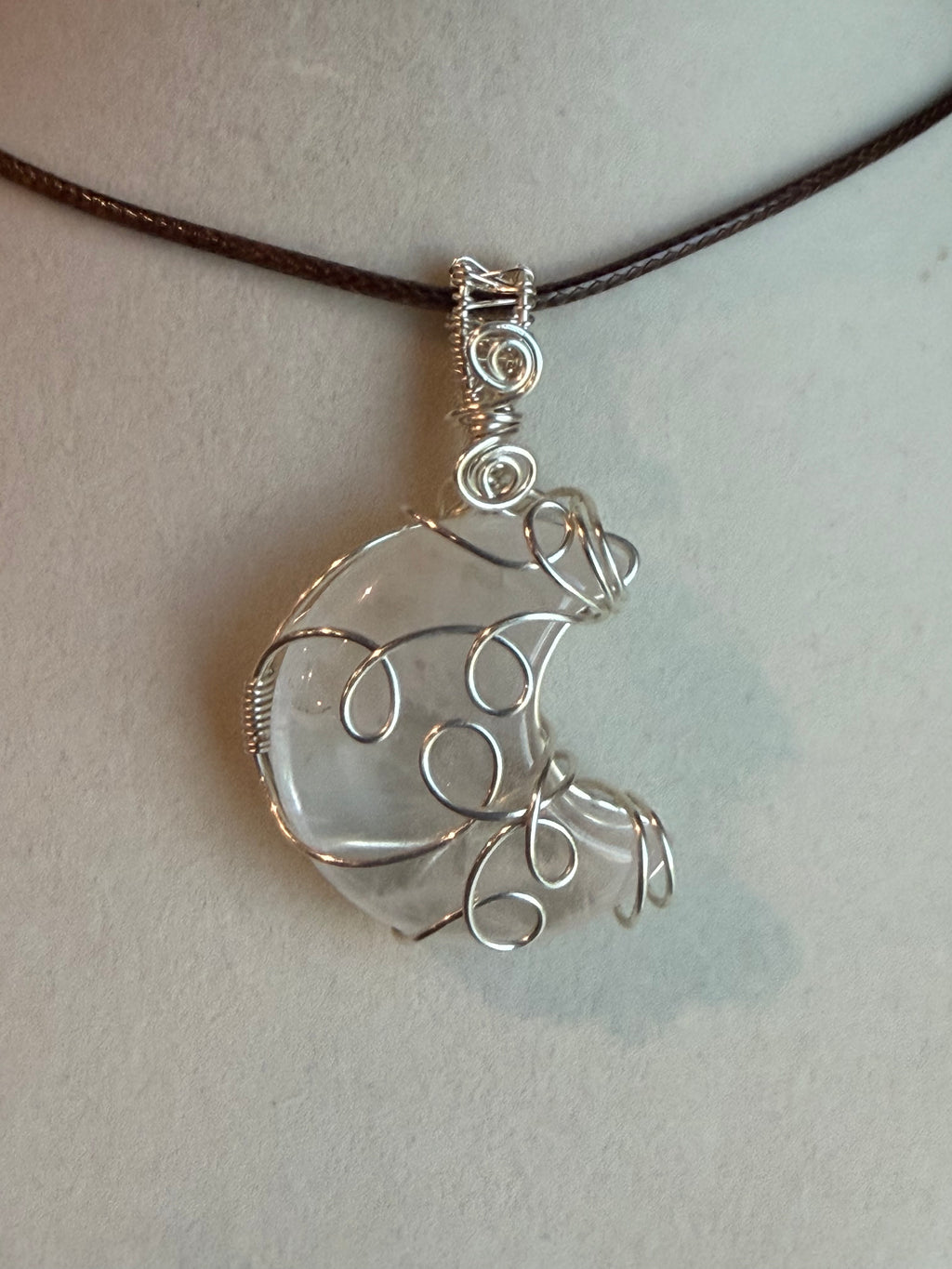 Clear Quartz moon silver-tone copper wire-wrapped pendant