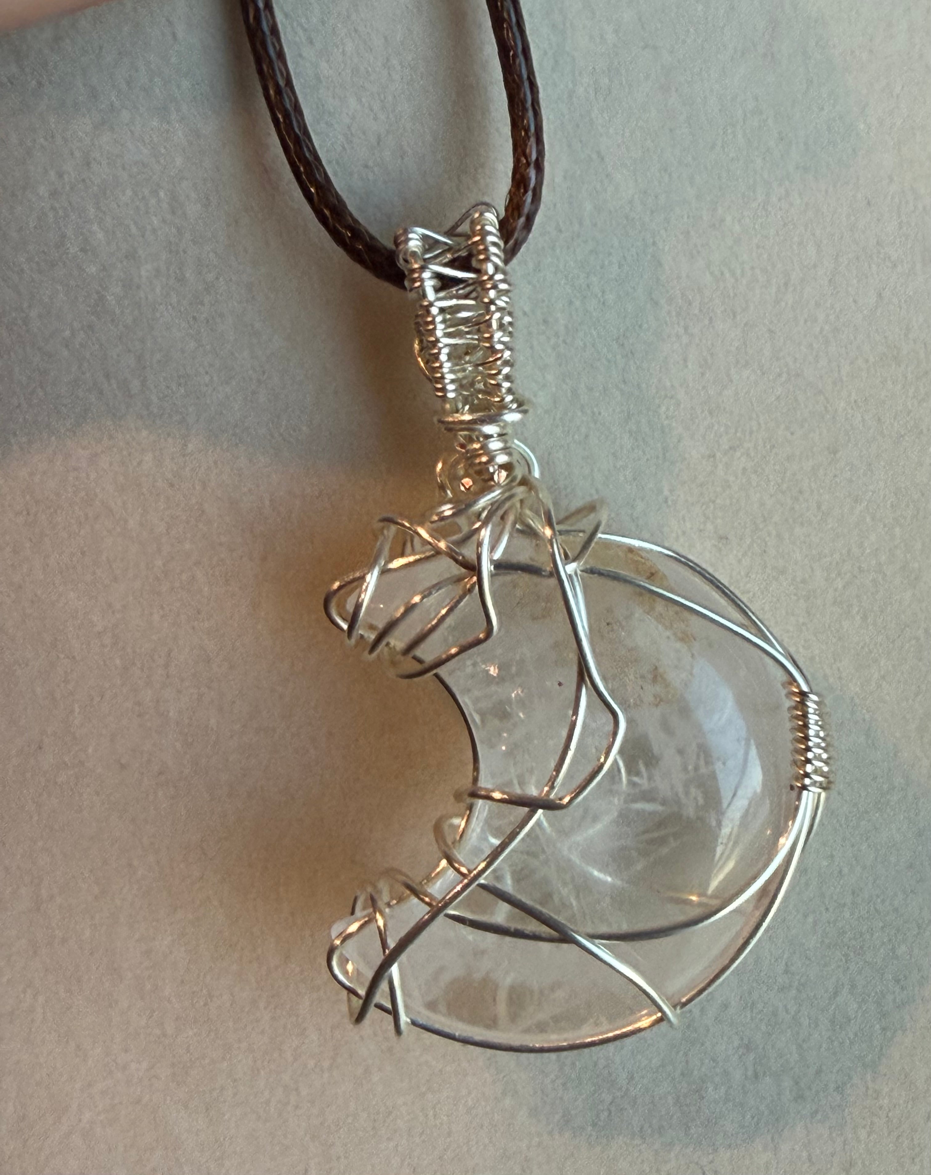 Clear Quartz moon silver-tone copper wire-wrapped pendant