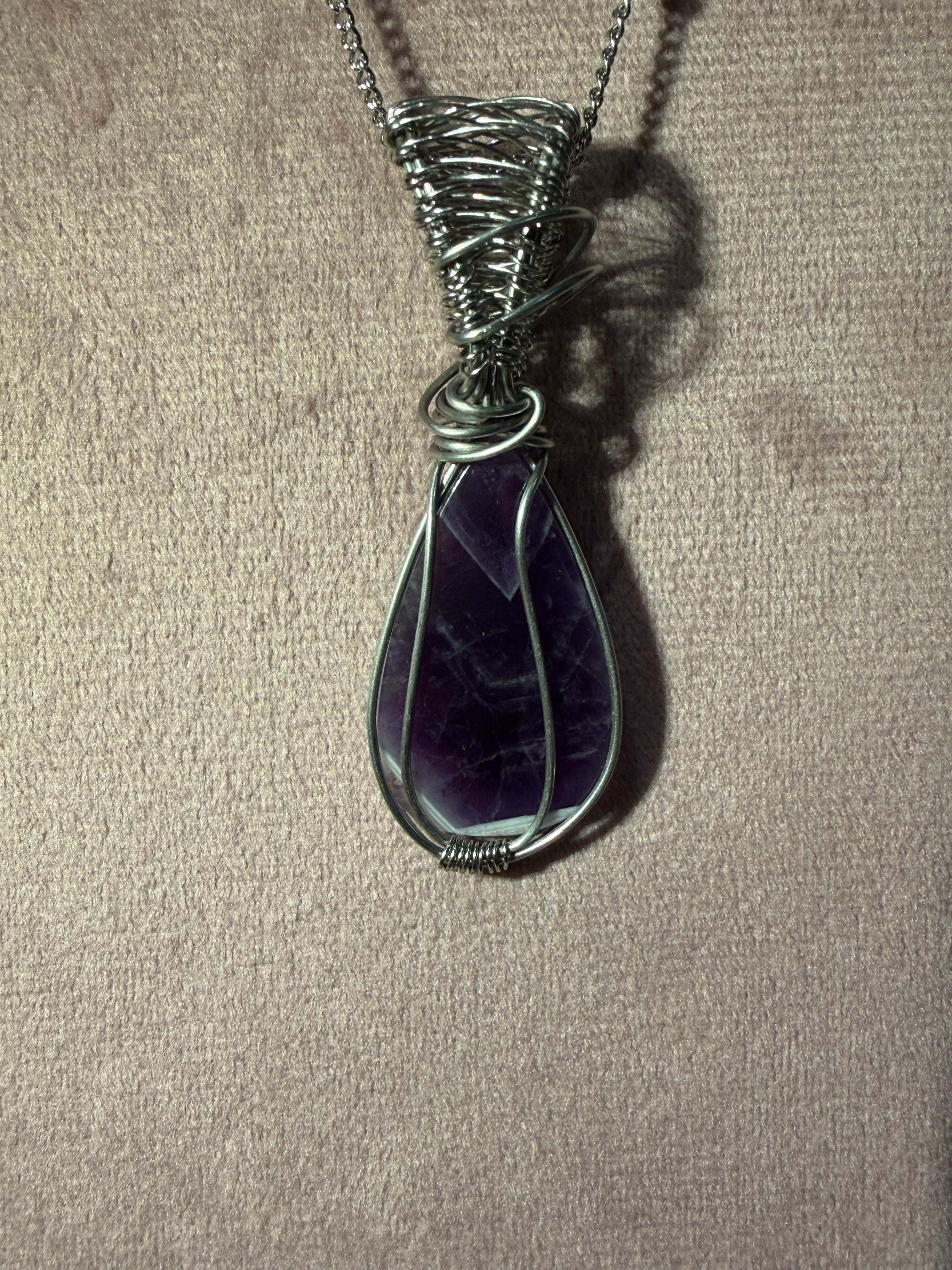 Amethyst stainless-steel wire-wrapped pendant