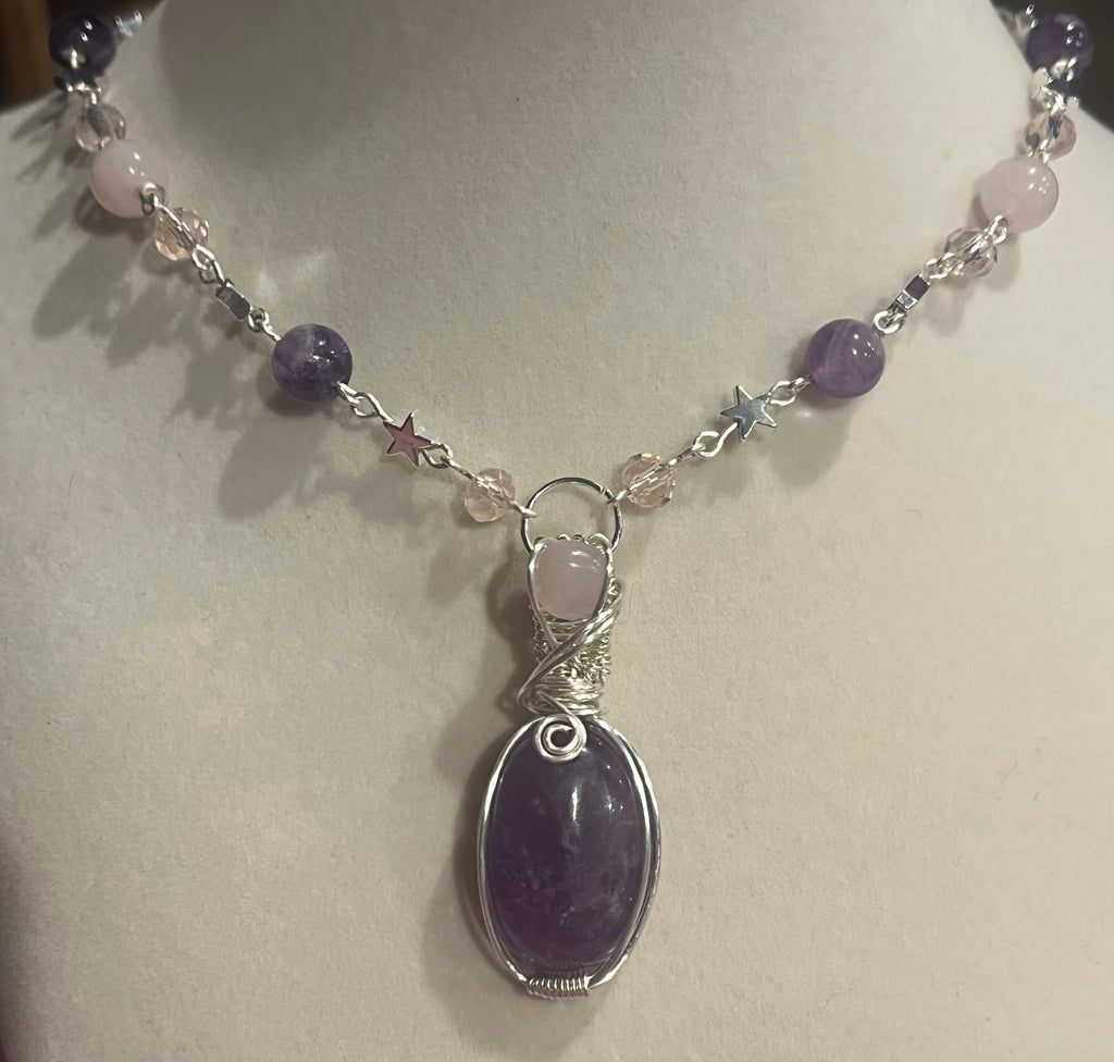 Amethyst & Rose Quartz silver-tone copper wire-wrapped beaded necklace