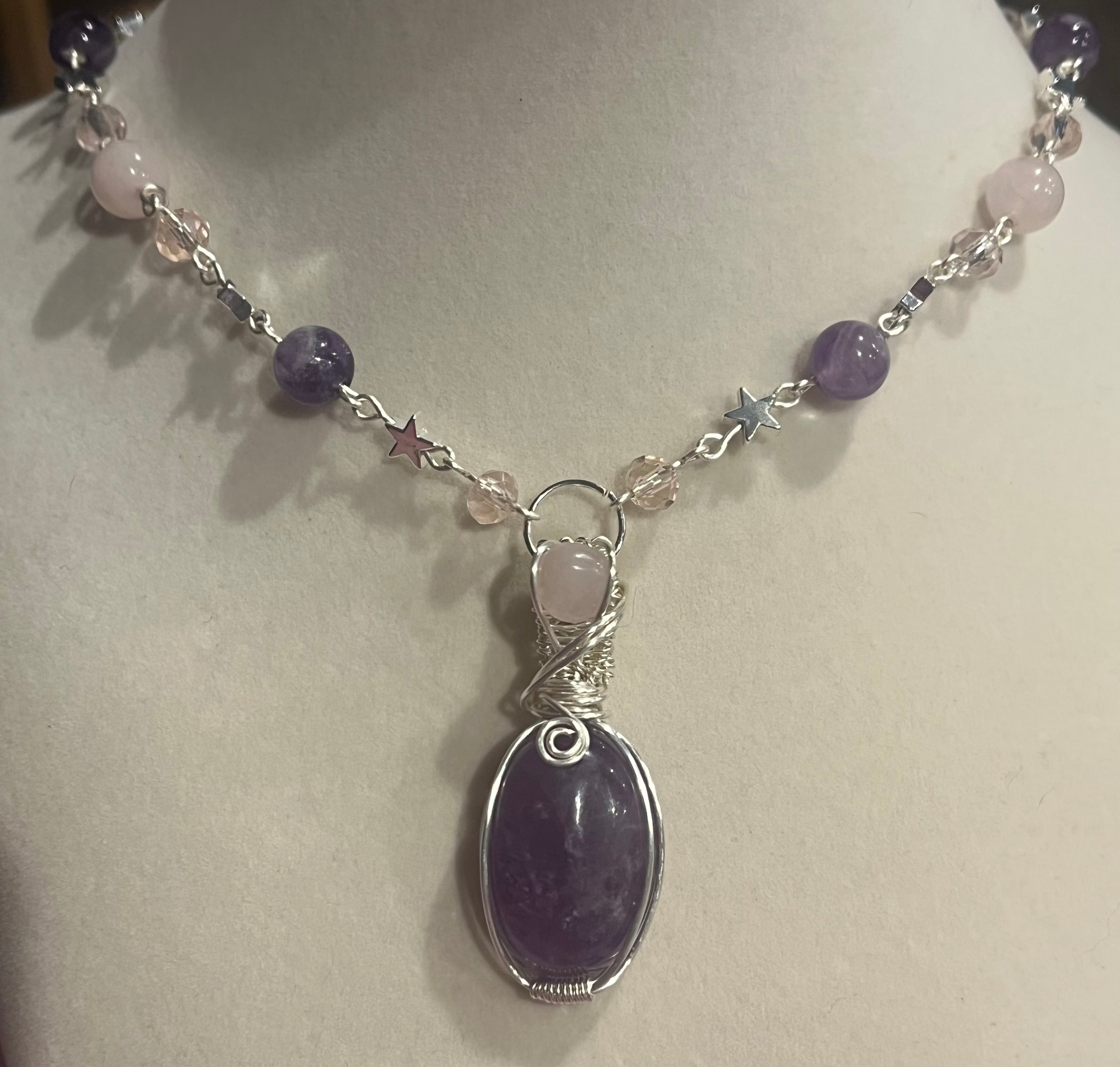 Amethyst & Rose Quartz silver-tone copper wire-wrapped beaded necklace