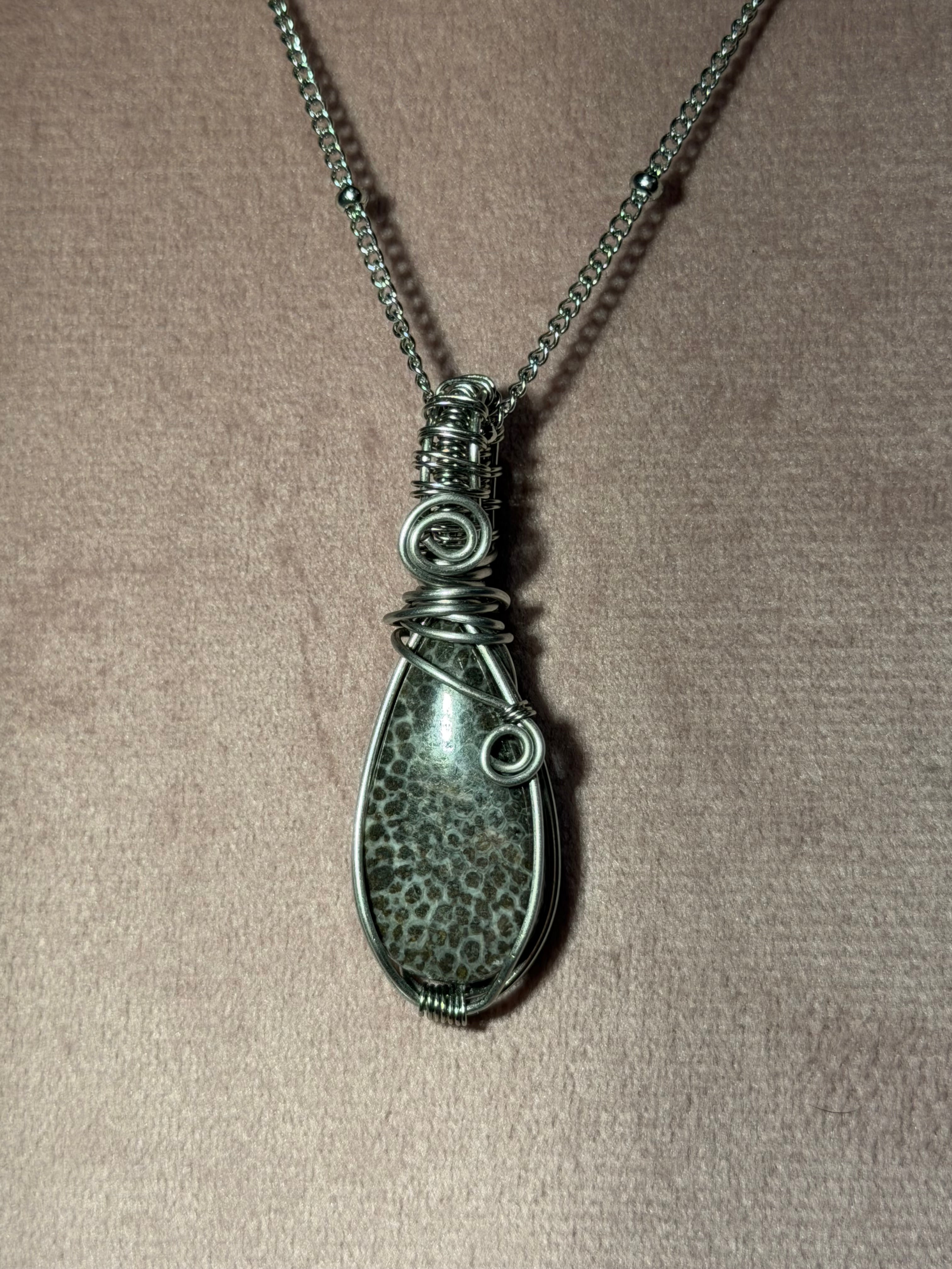 Black Fossilized Coral stainless-steel wire-wrapped pendant