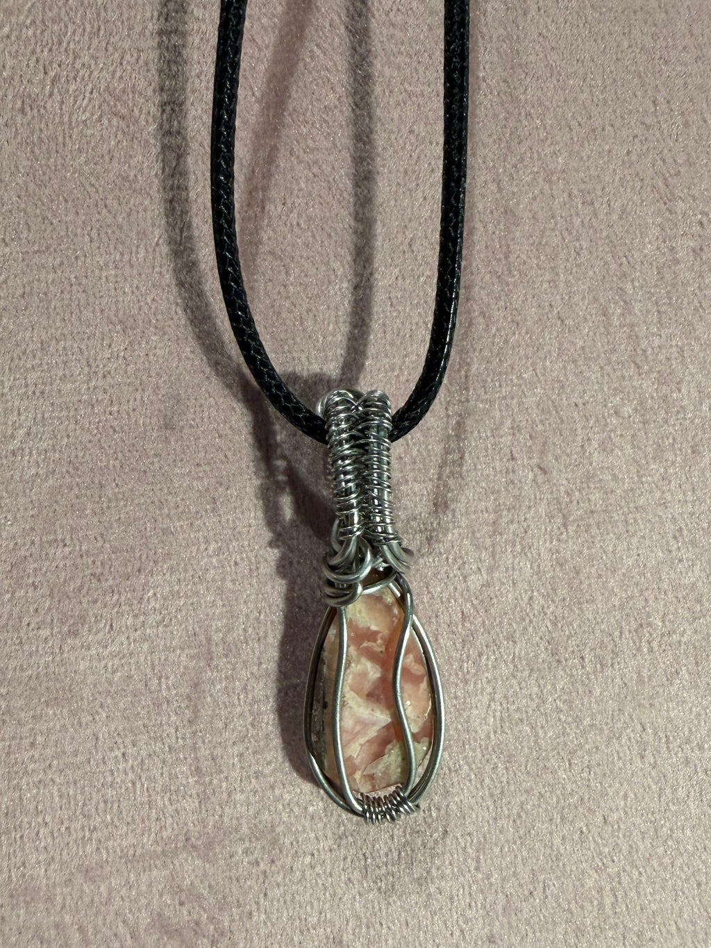 Rhodochrosite stainless steel wire-wrapped pendant