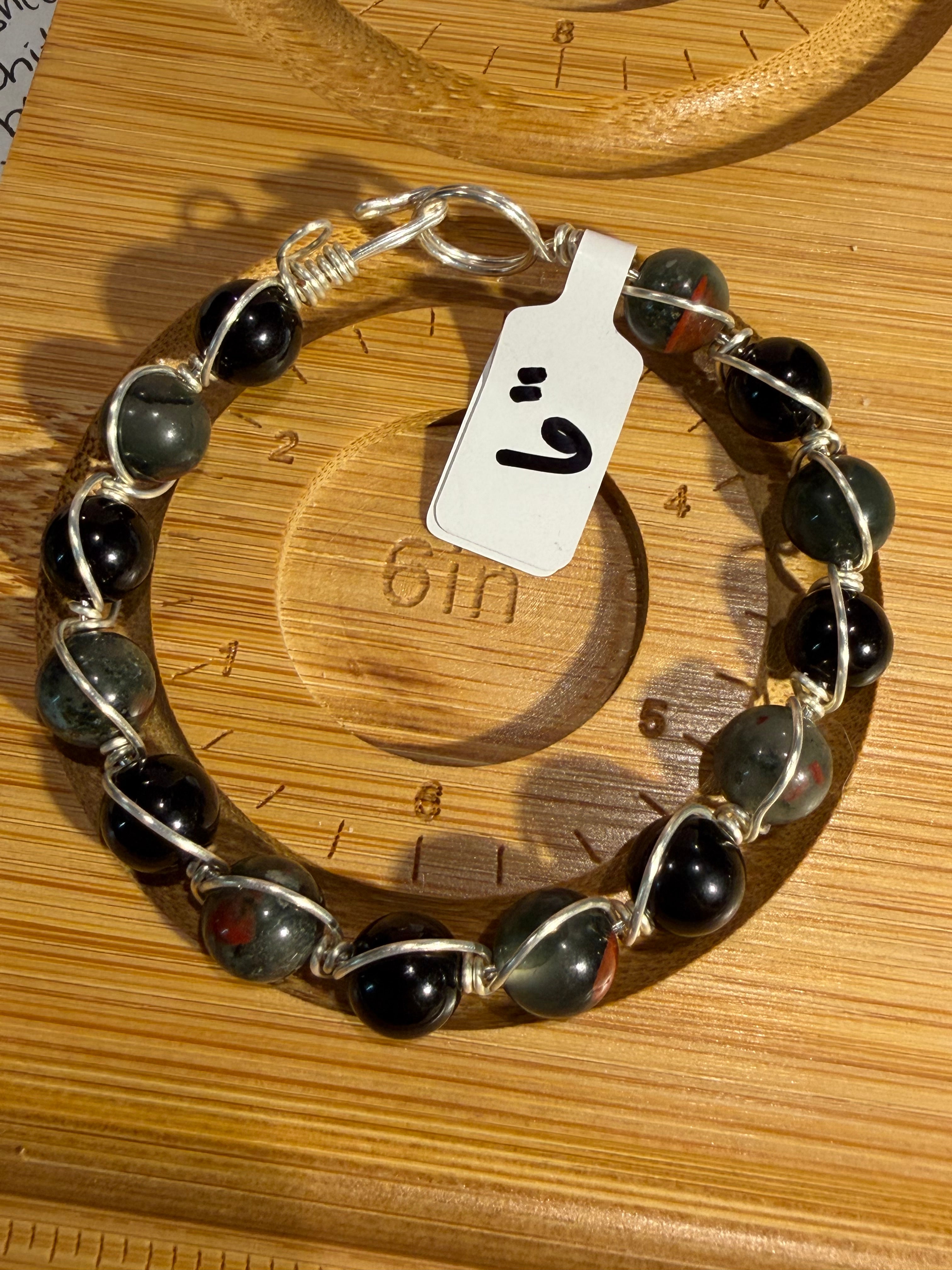 African Bloodstone & Obsidian 6-inch silver-tone copper wire-wrapped bracelet